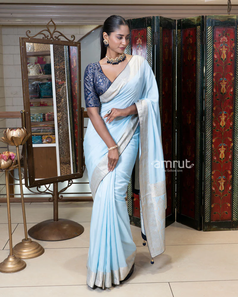 Pastel Blue Zari Woven Silk Saree with Embroidered Blouse - Image 4
