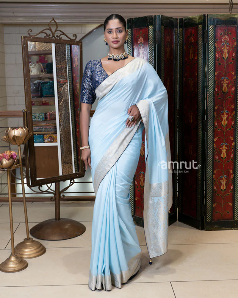 Pastel Blue Zari Woven Silk Saree with Embroidered Blouse - Image 5