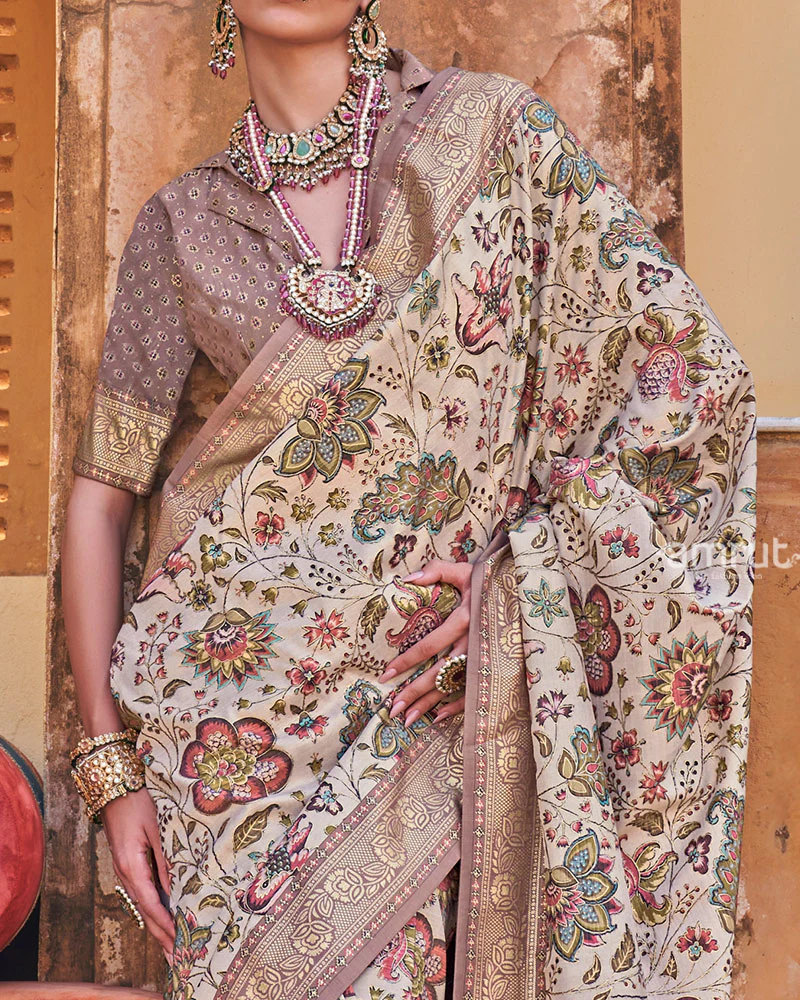 Pastel Cream Floral Printed Silk Saree with Unstitched Blouse - Image 3