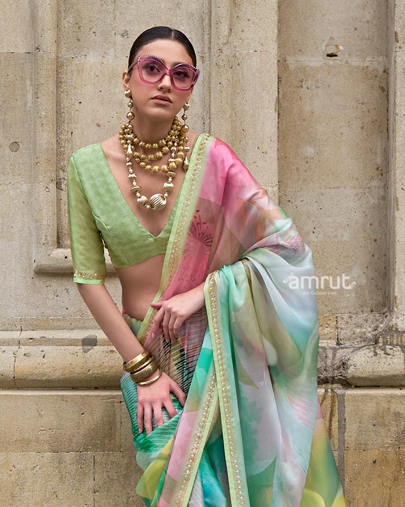 Pastel Digital Floral Print Saree with Embellished Border and Unstitched Blouse - Image 2