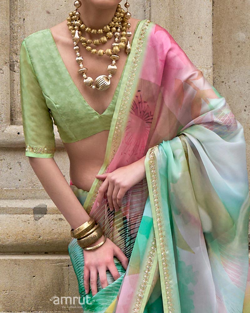Pastel Digital Floral Print Saree with Embellished Border and Unstitched Blouse - Image 3