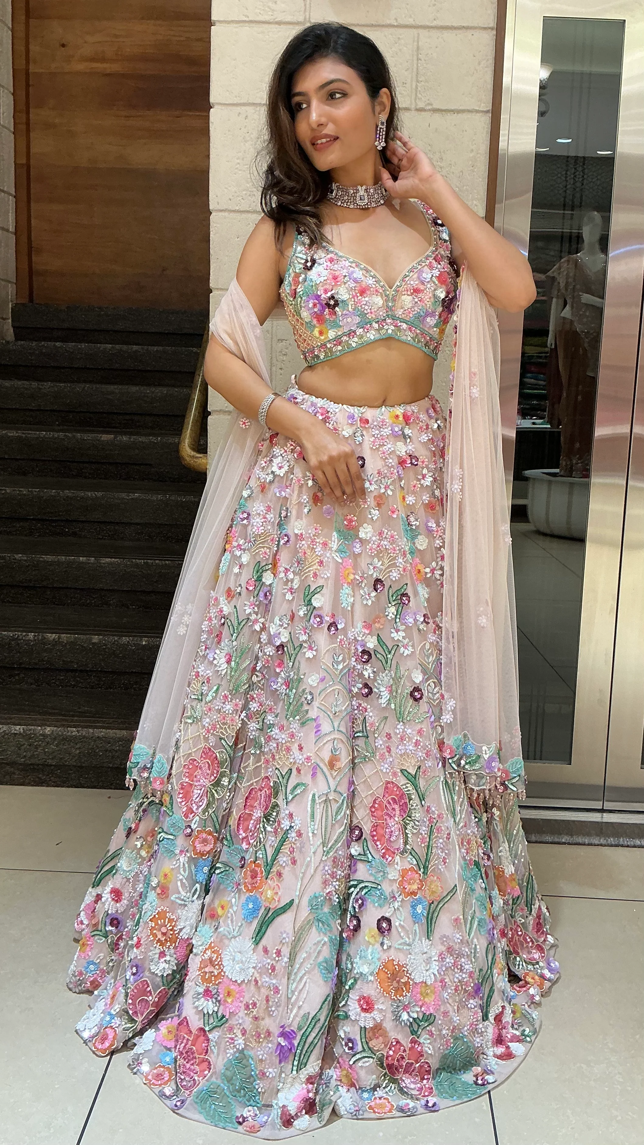 Pastel Floral Embroidered Designer Lehenga Choli with Net Dupatta - Image 4
