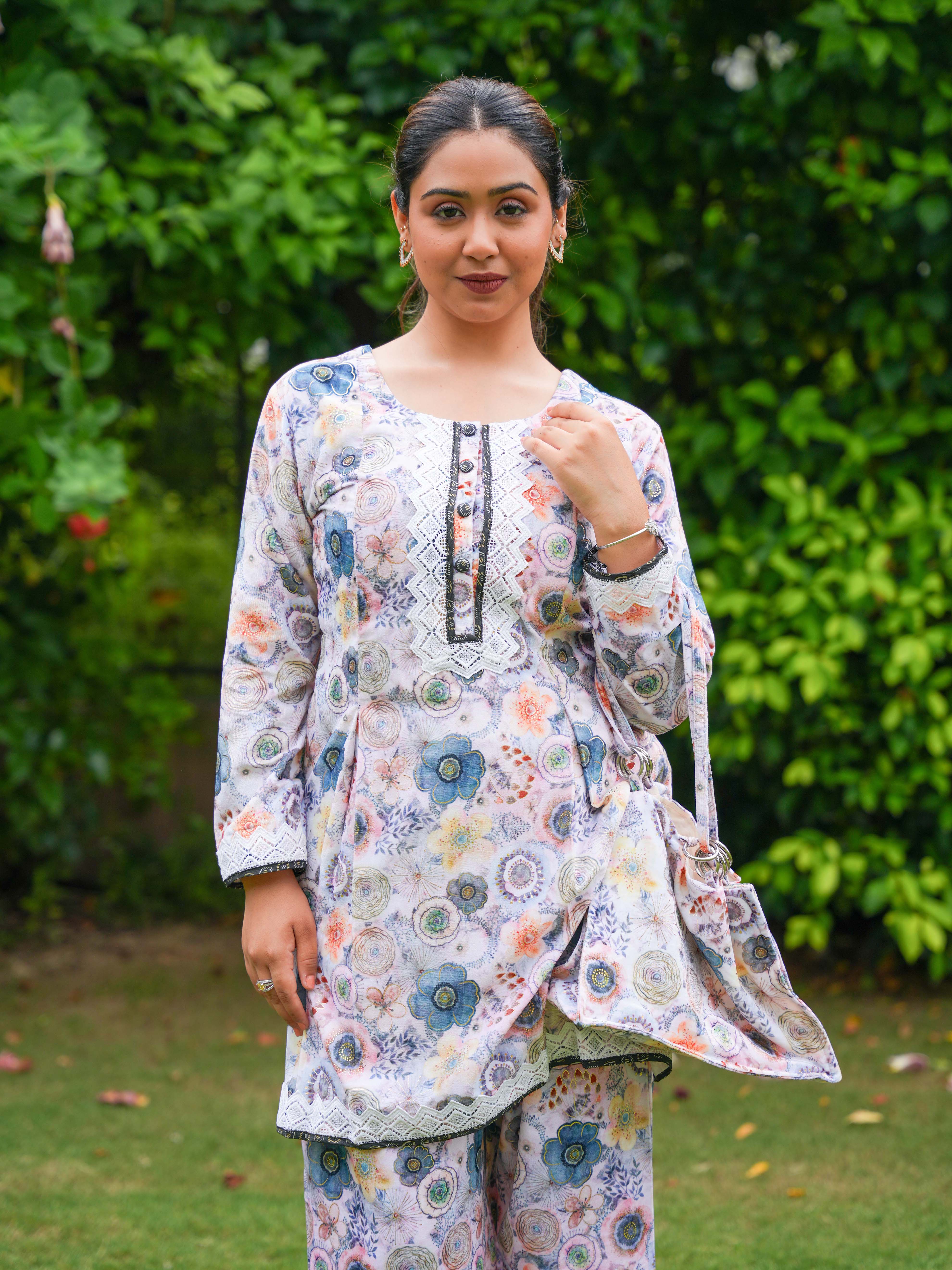 Pastel Floral Printed Cotton Suit Set with Matching Handbag - Image 3