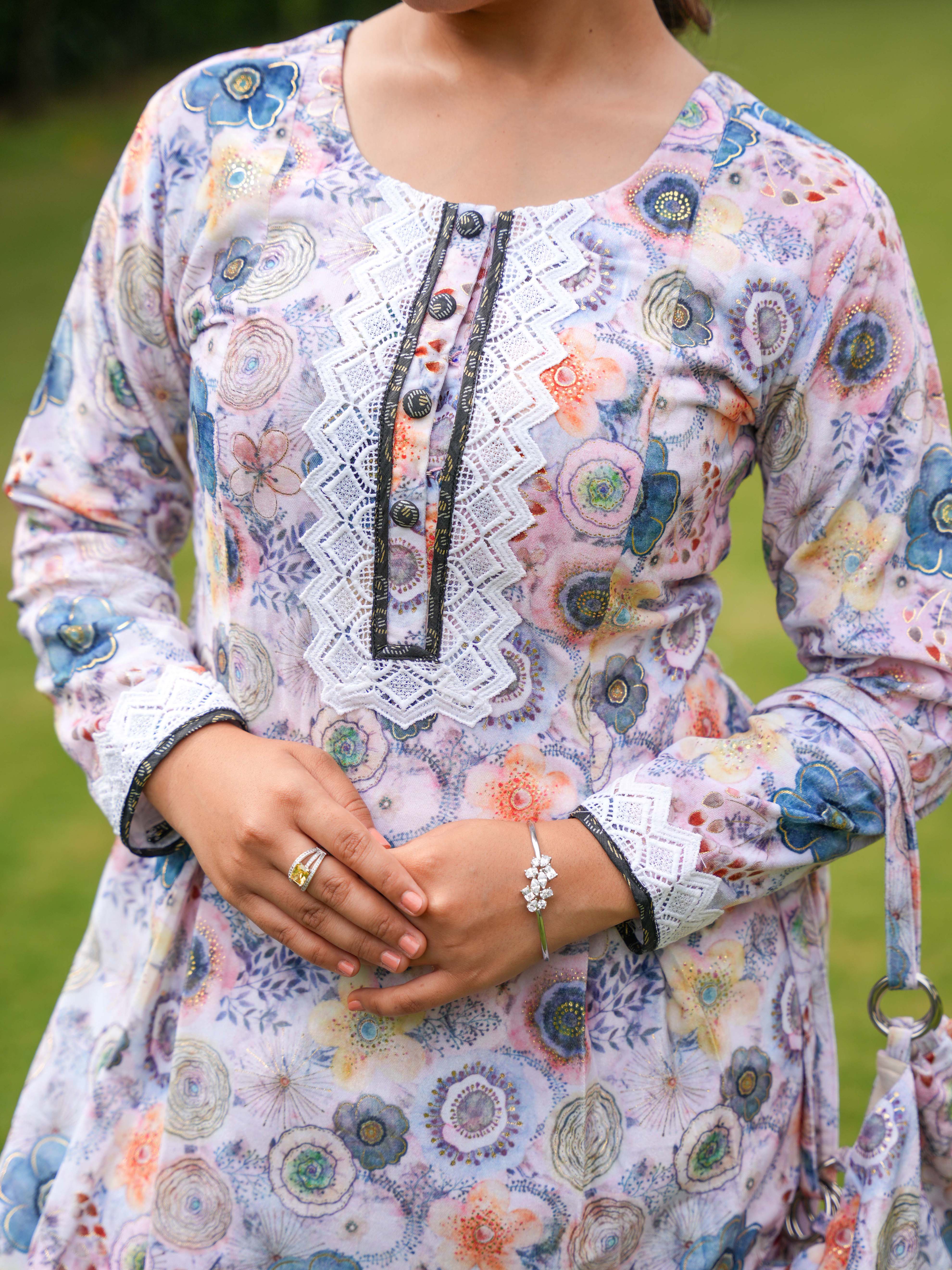 Pastel Floral Printed Cotton Suit Set with Matching Handbag - Image 4