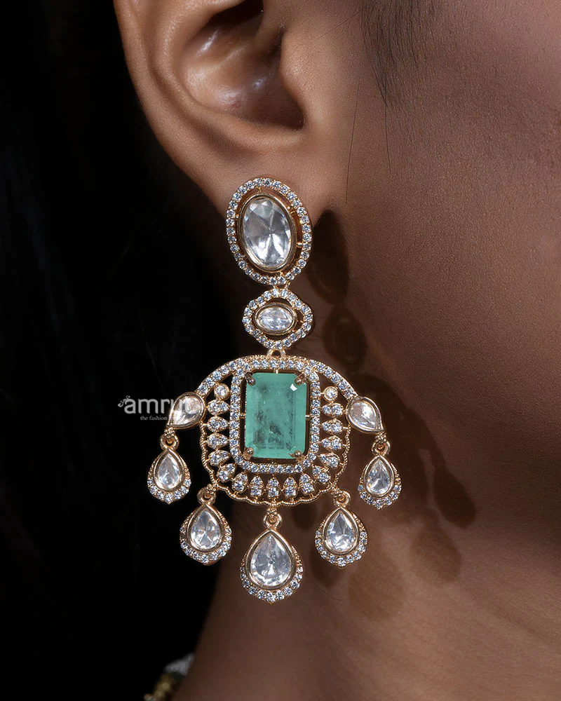 Pastel Green and White Kundan Double Layered Necklace Set - Image 2