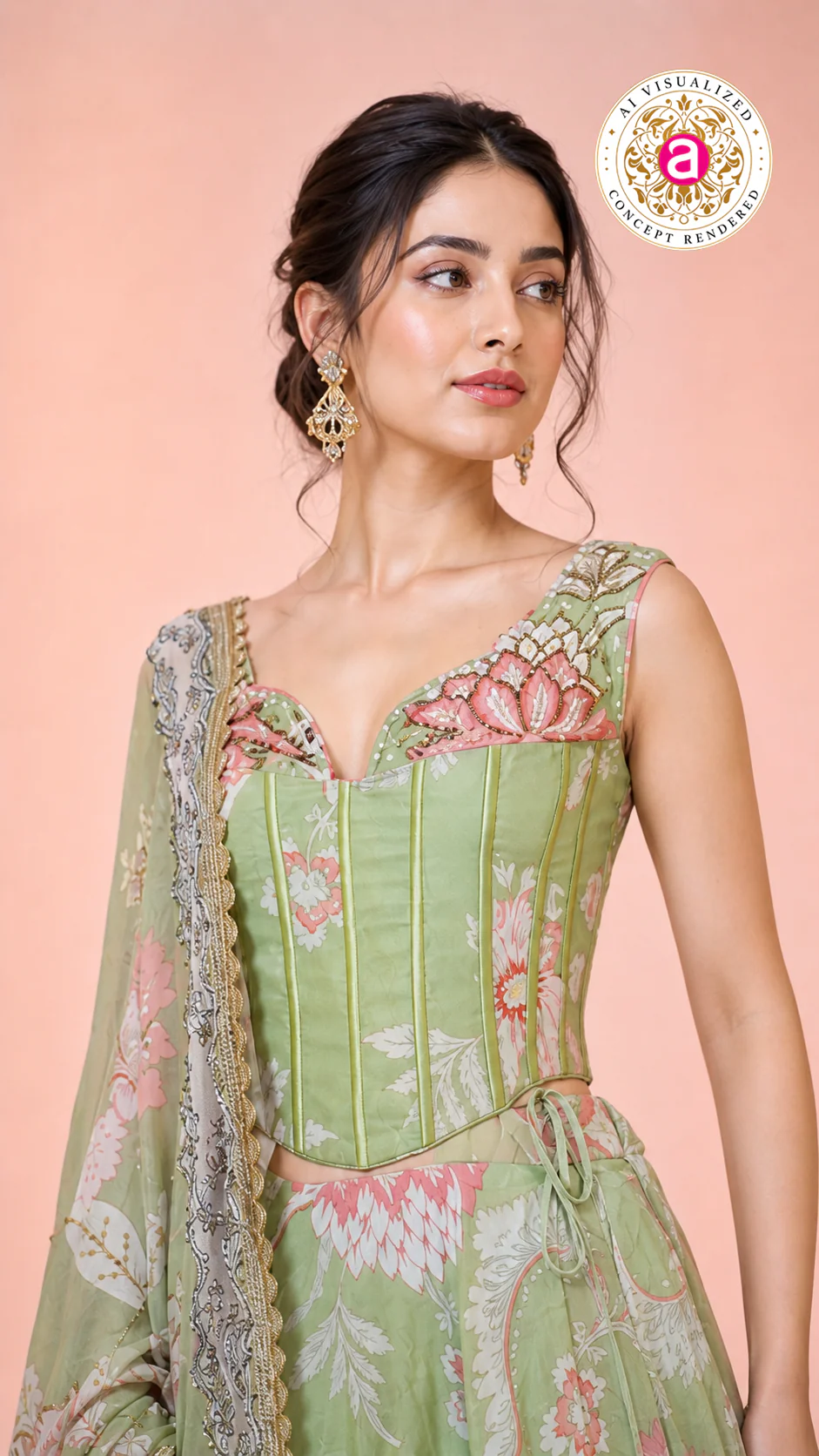 Pastel Green Floral Printed Lehenga Set with Corset Blouse & Sheer Dupatta - Image 2