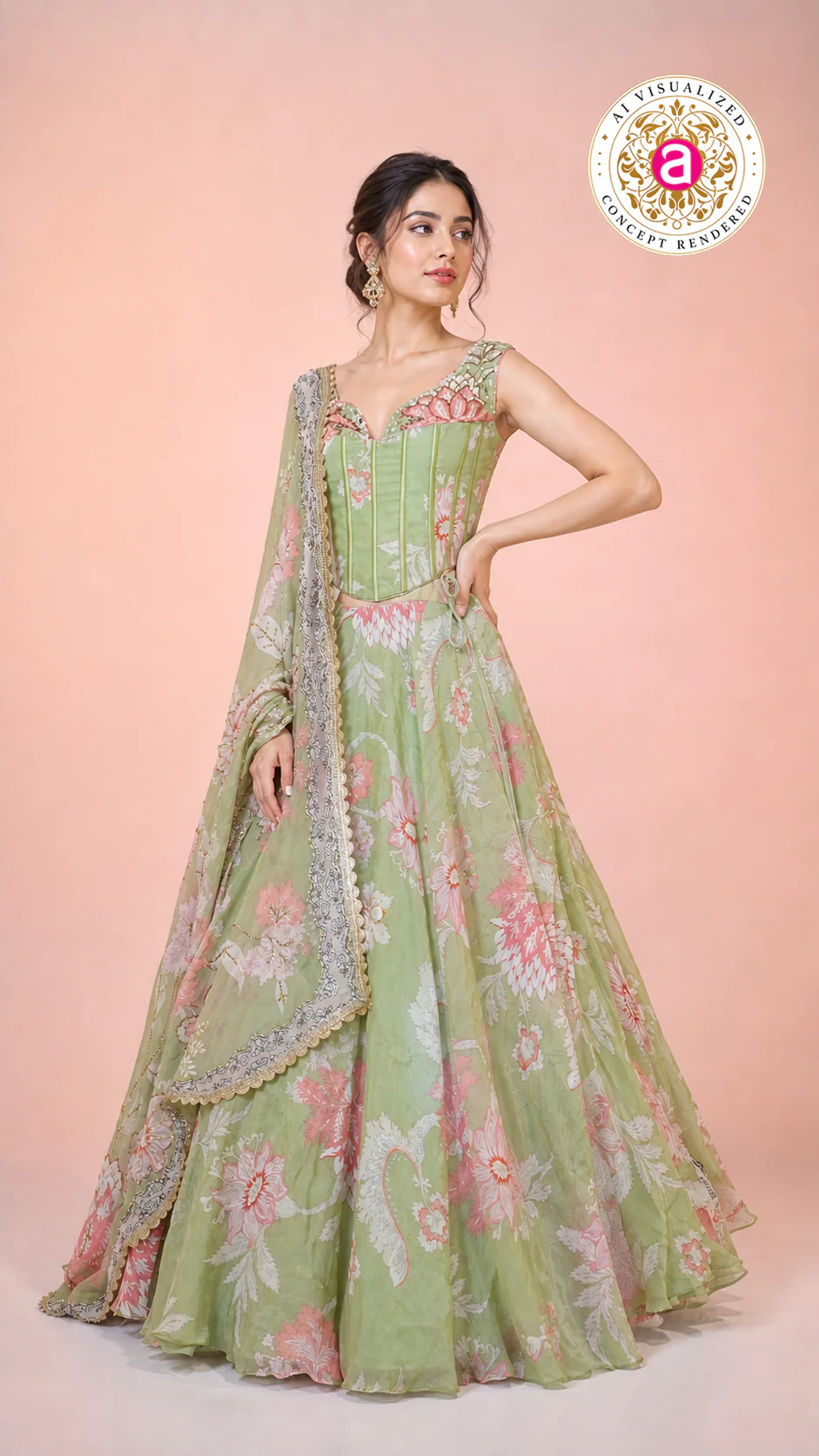 Pastel Green Floral Printed Lehenga Set with Corset Blouse & Sheer Dupatta - Image 3