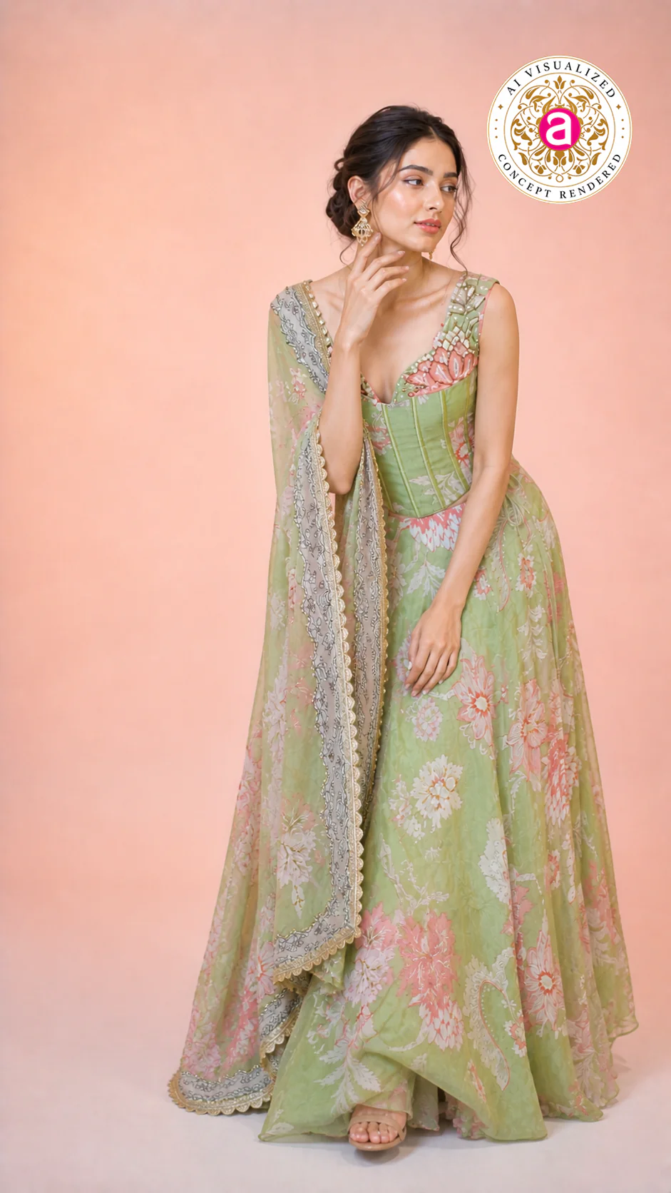 Pastel Green Floral Printed Lehenga Set with Corset Blouse & Sheer Dupatta - Image 4