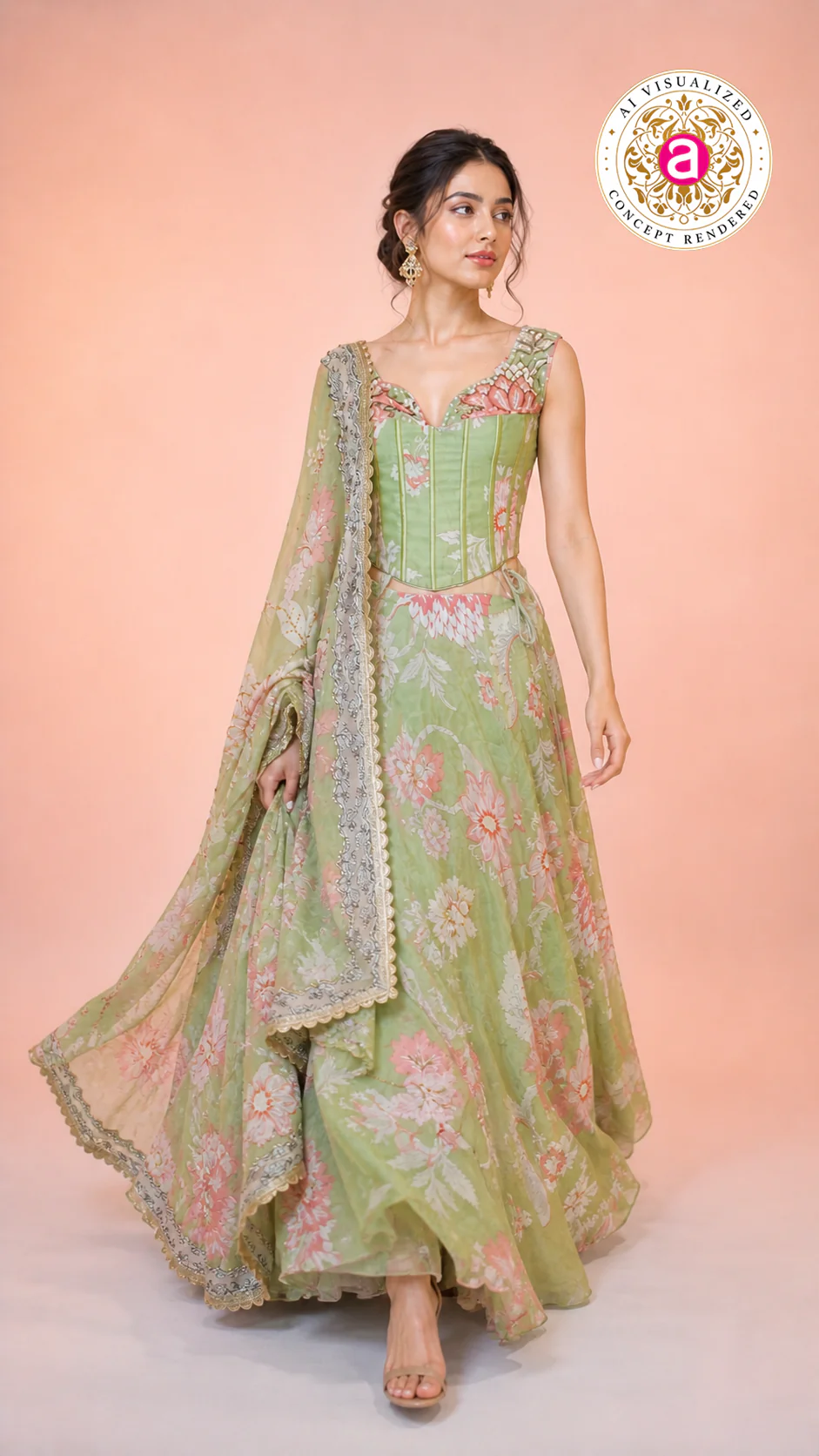 Pastel Green Floral Printed Lehenga Set with Corset Blouse & Sheer Dupatta - Image 5