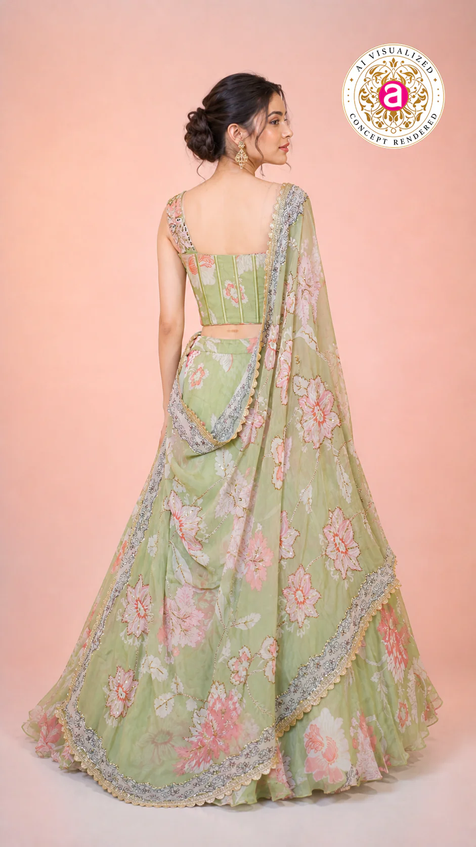 Pastel Green Floral Printed Lehenga Set with Corset Blouse & Sheer Dupatta - Image 6