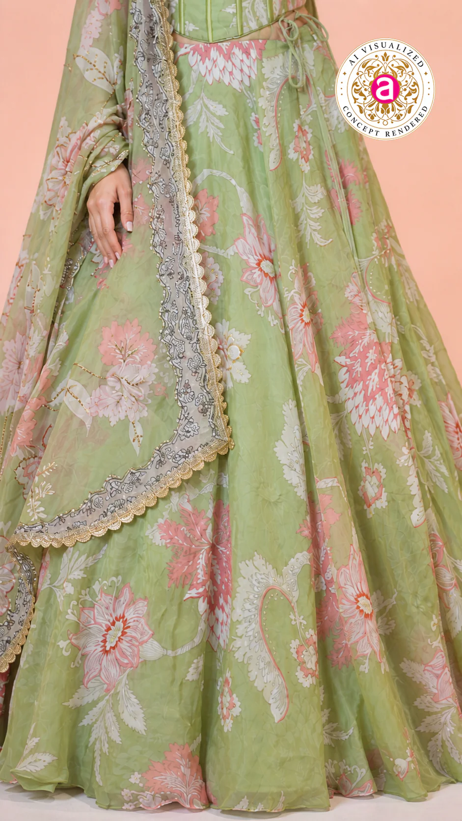 Pastel Green Floral Printed Lehenga Set with Corset Blouse & Sheer Dupatta - Image 7