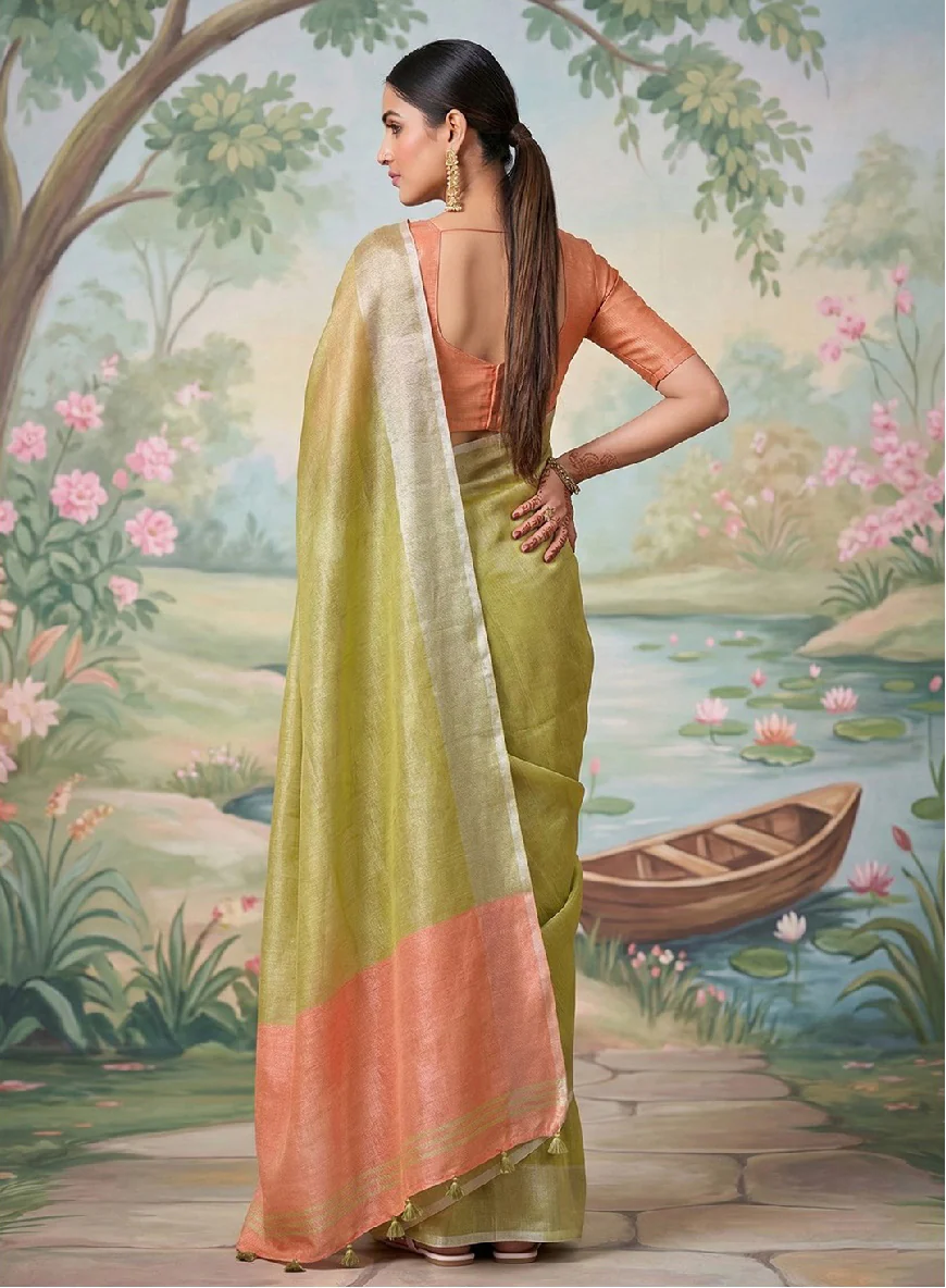 Pastel Green Linen Saree with Peach Contrast Border - Image 2
