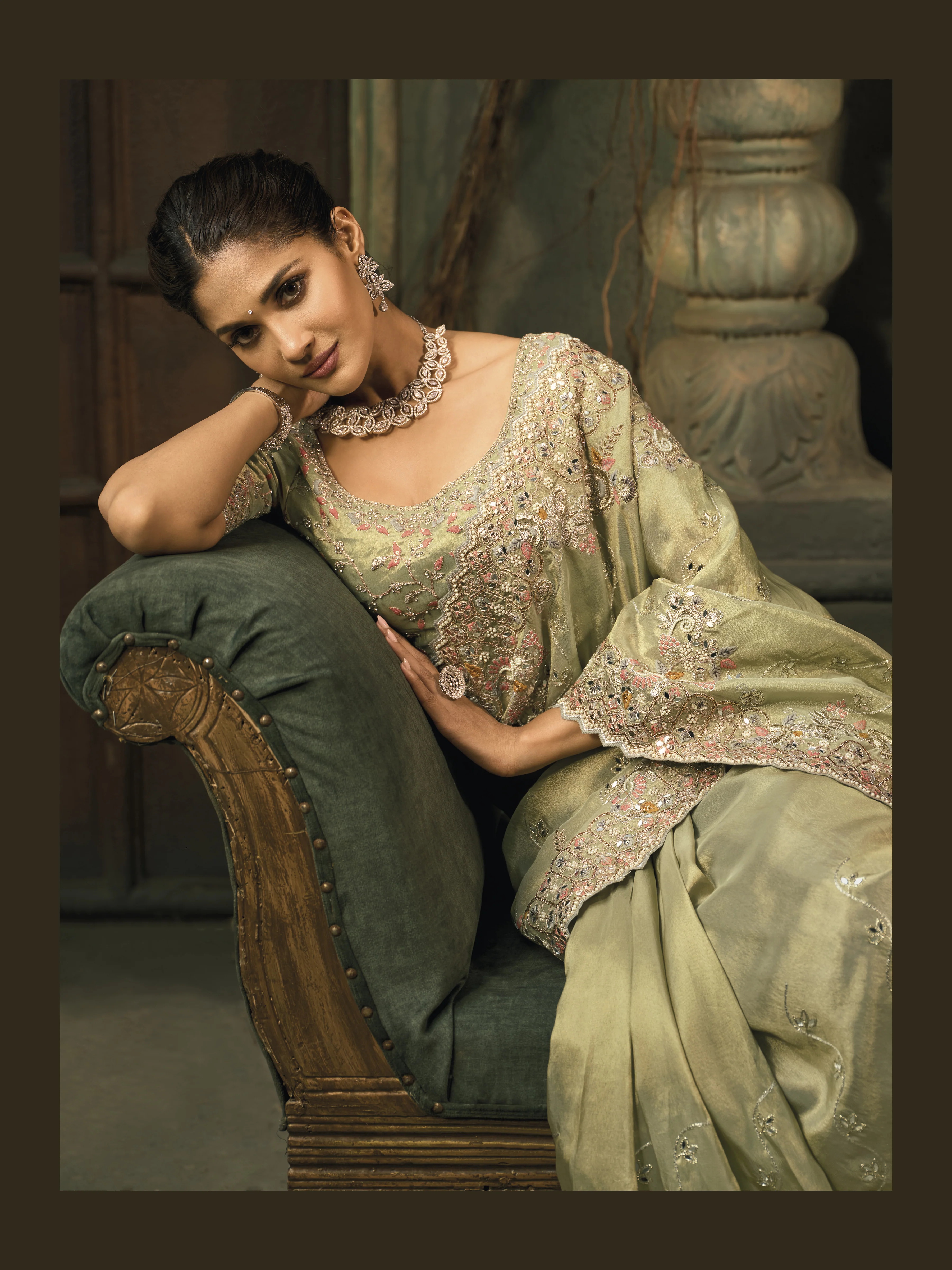 Pastel Green Silk Saree with Intricate Embroidery & Elegant Zari Border - Image 2