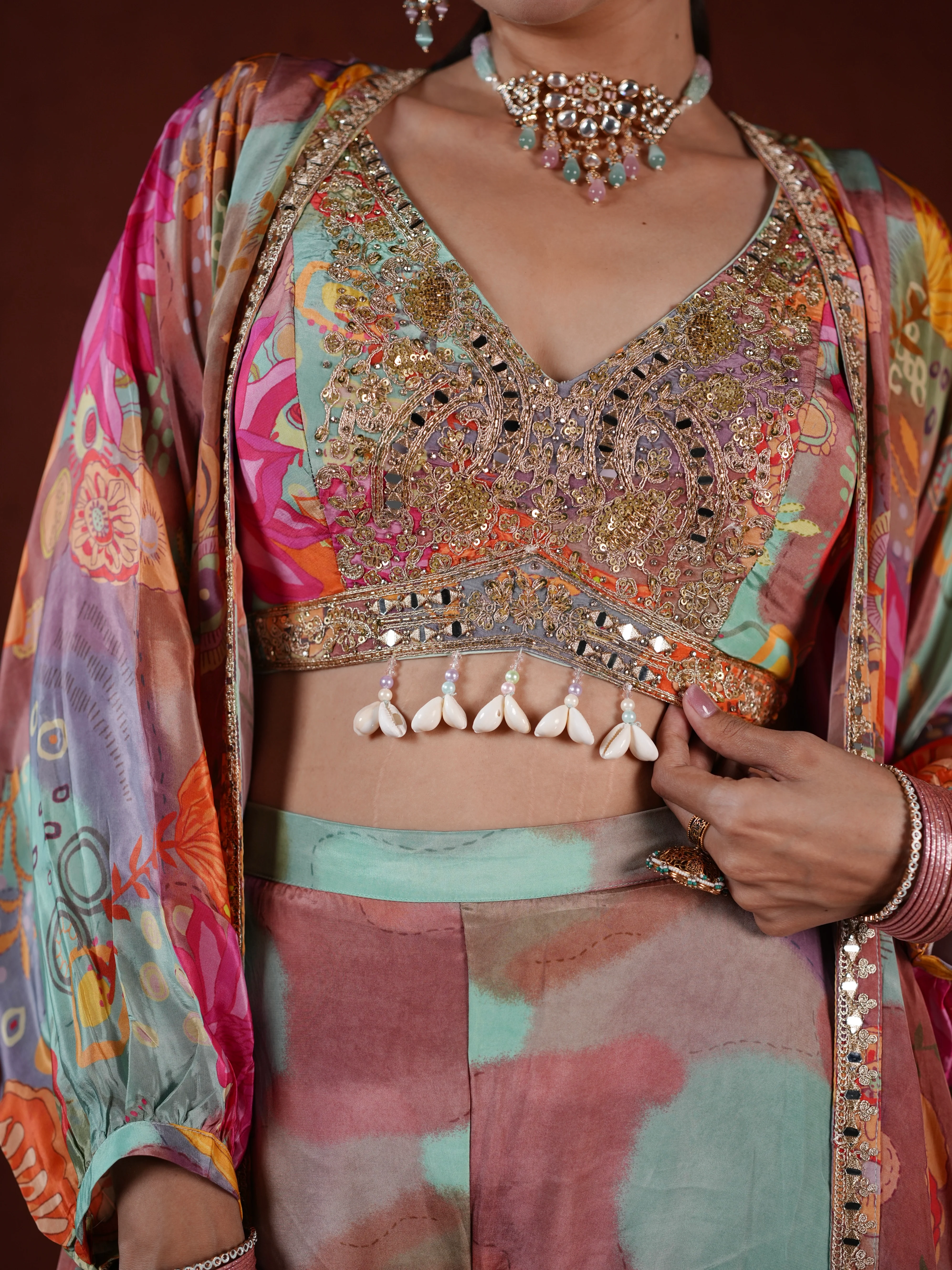 Pastel Harmony Embellished Palazzo Suit with Printed Cape & Sequin Blouse - Image 2