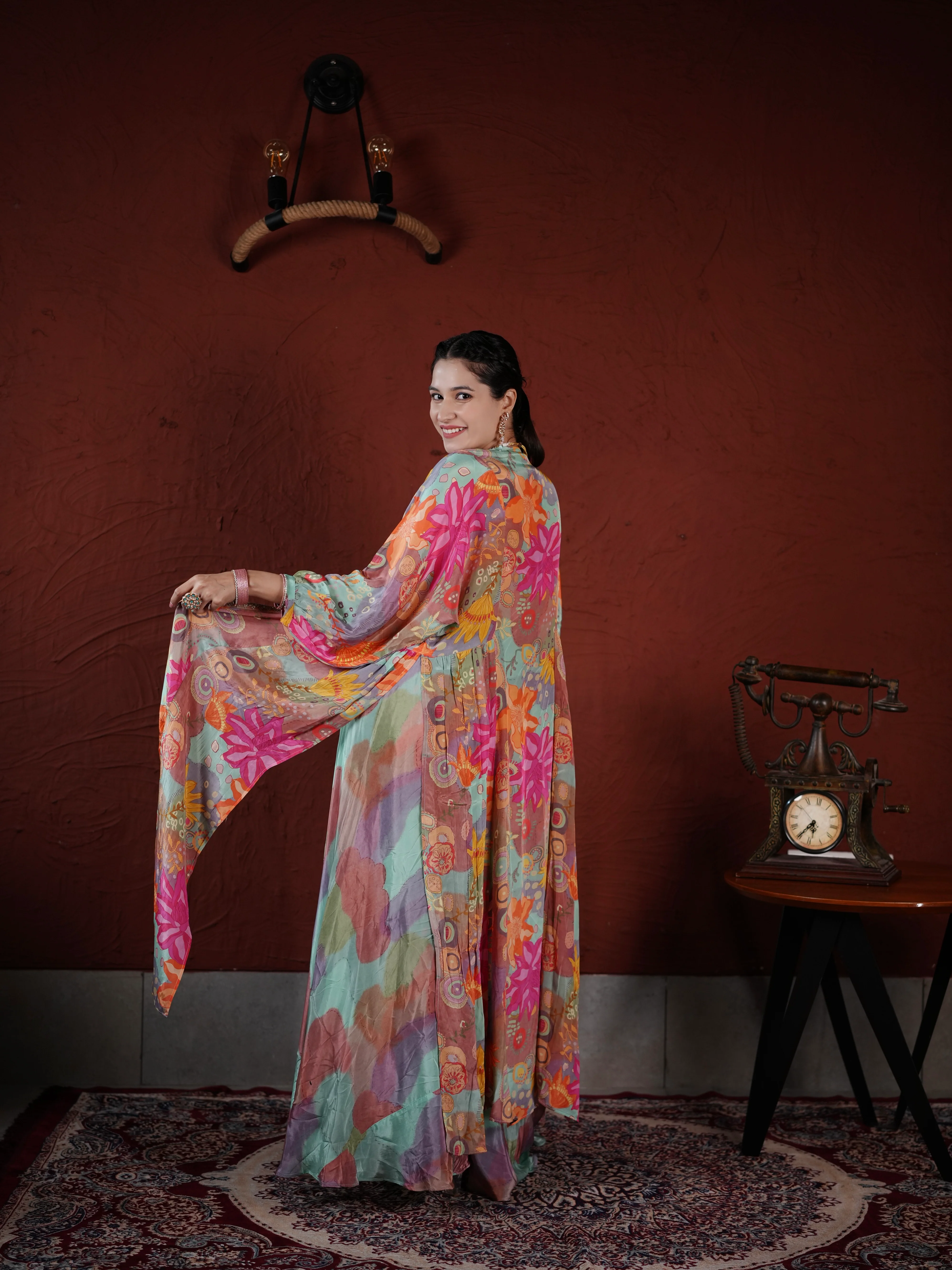 Pastel Harmony Embellished Palazzo Suit with Printed Cape & Sequin Blouse - Image 3