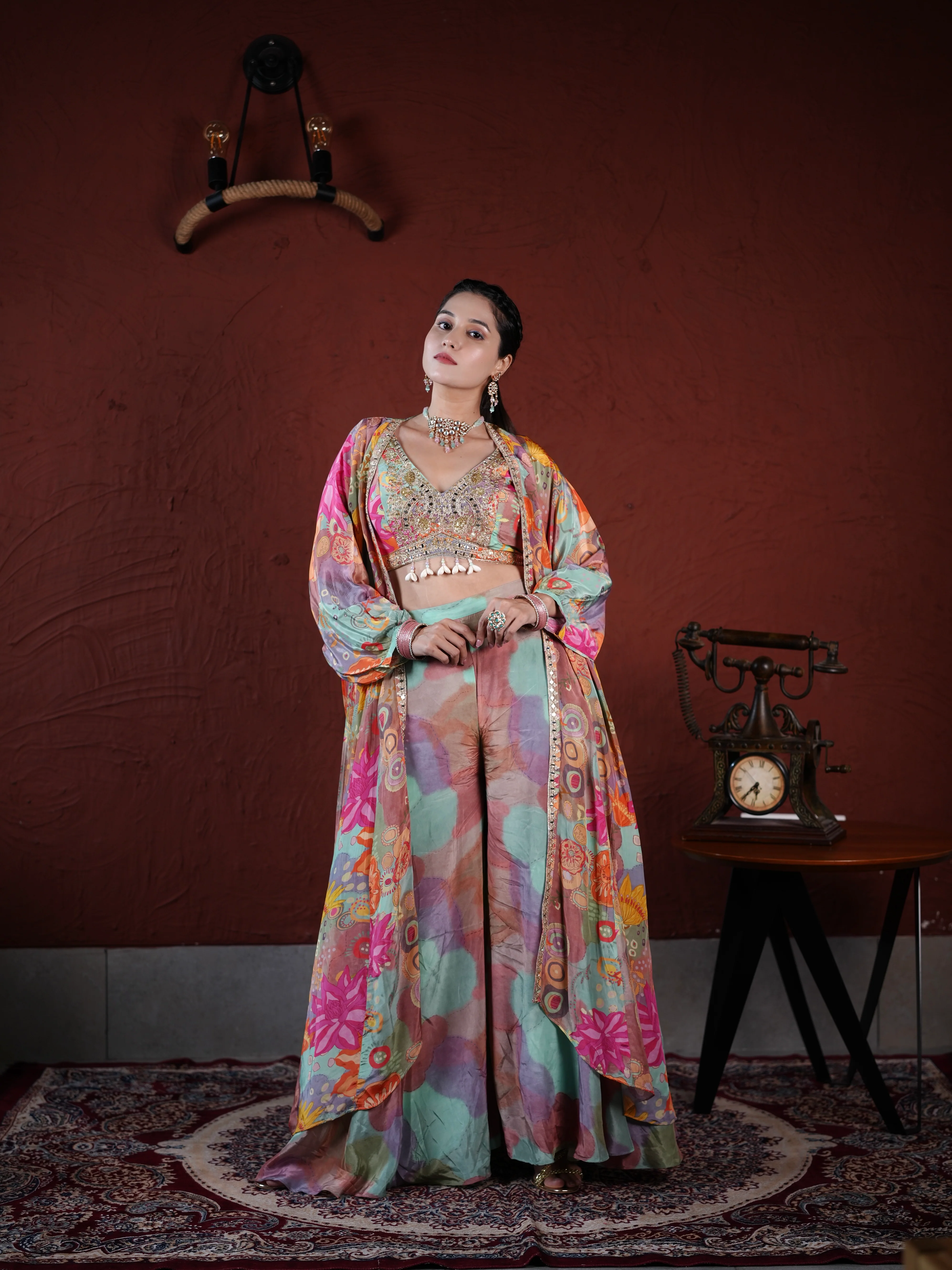 Pastel Harmony Embellished Palazzo Suit with Printed Cape & Sequin Blouse - Image 4