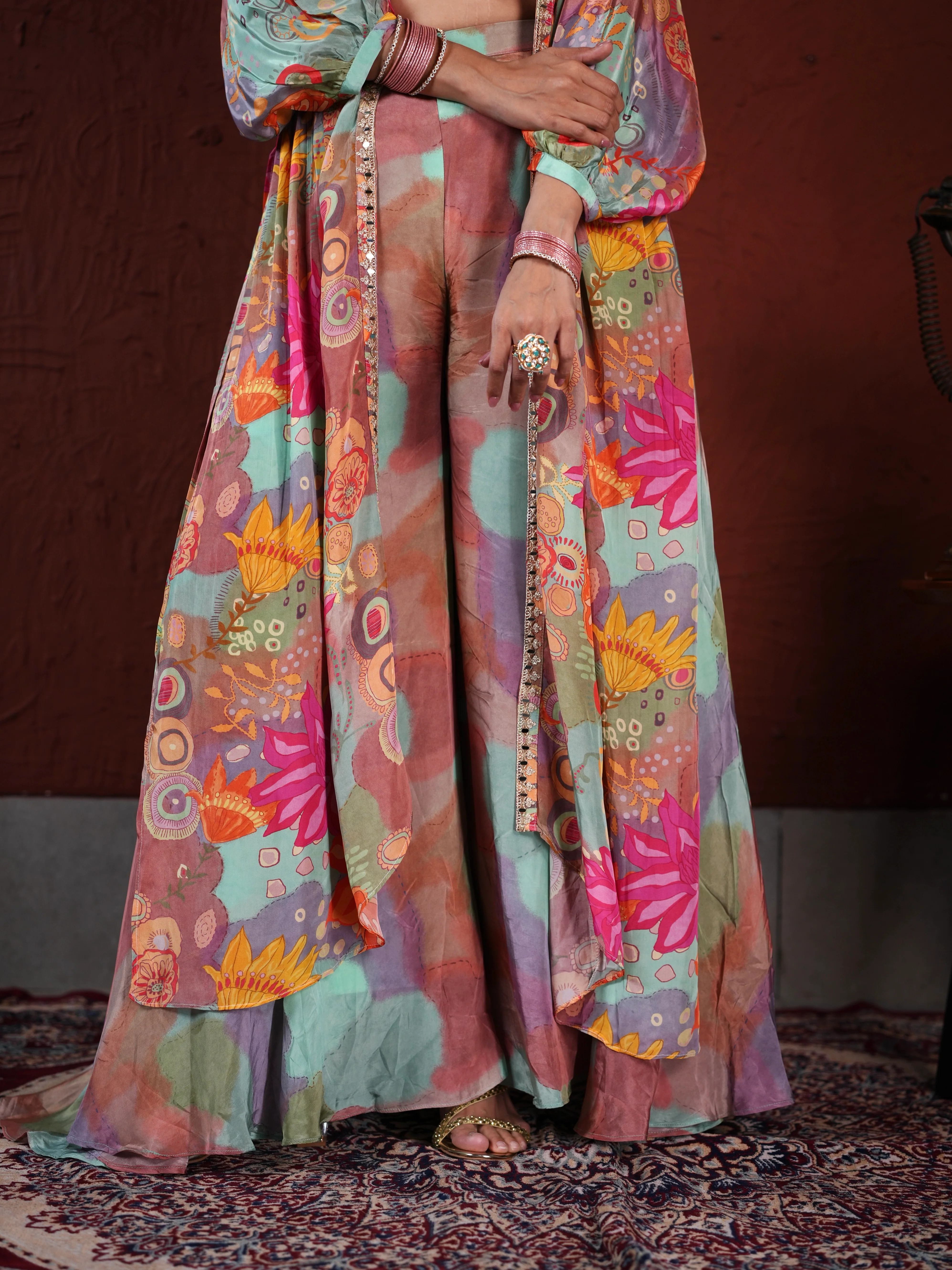 Pastel Harmony Embellished Palazzo Suit with Printed Cape & Sequin Blouse - Image 5