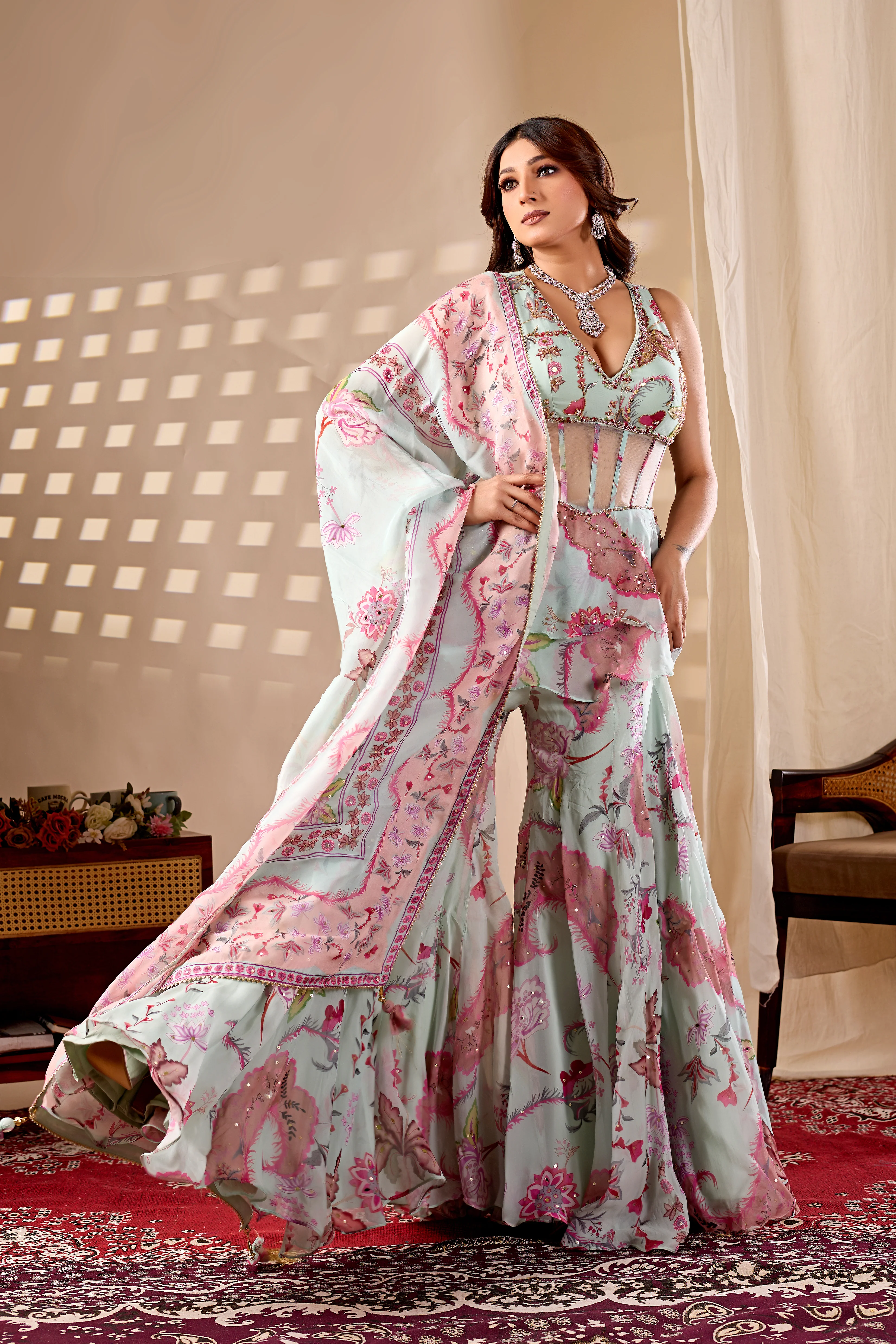 Pastel Mint Floral Indo-Western Palazzo Set with Dupatta - Image 2