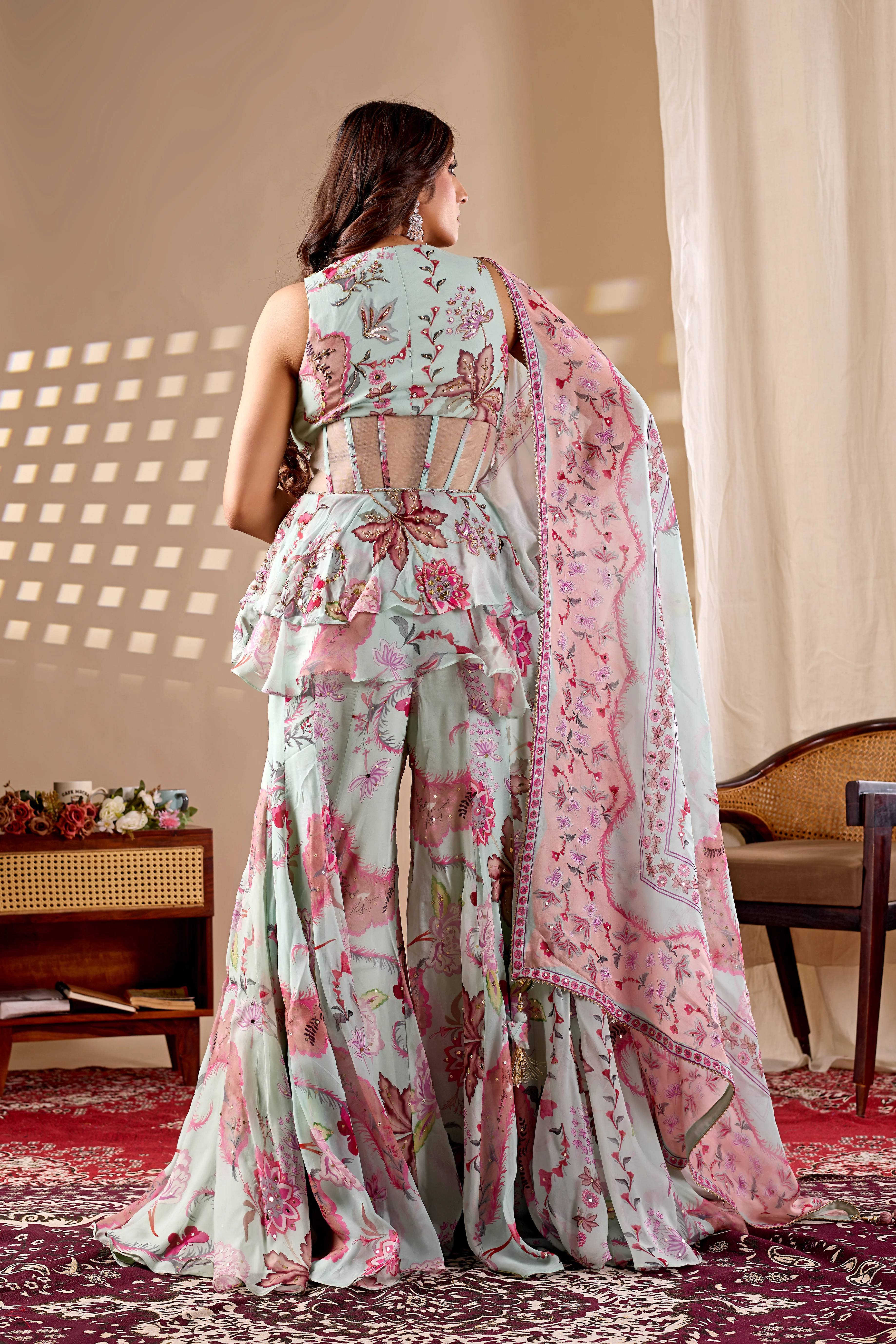 Pastel Mint Floral Indo-Western Palazzo Set with Dupatta - Image 5