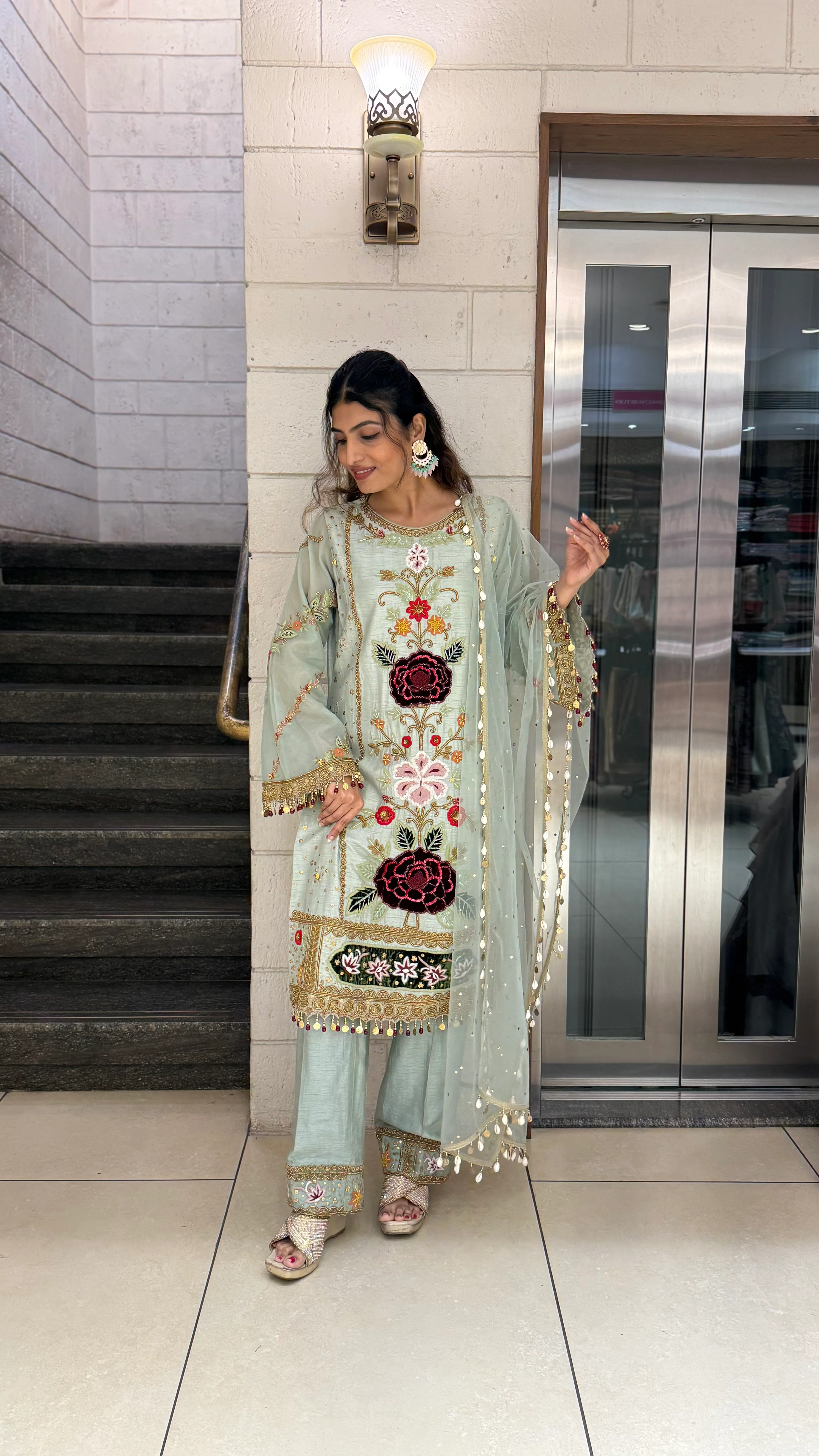 Pastel Mint Green Designer Kurta Set with Multicolor Floral Embroidery & Tassel Dupatta - Image 3