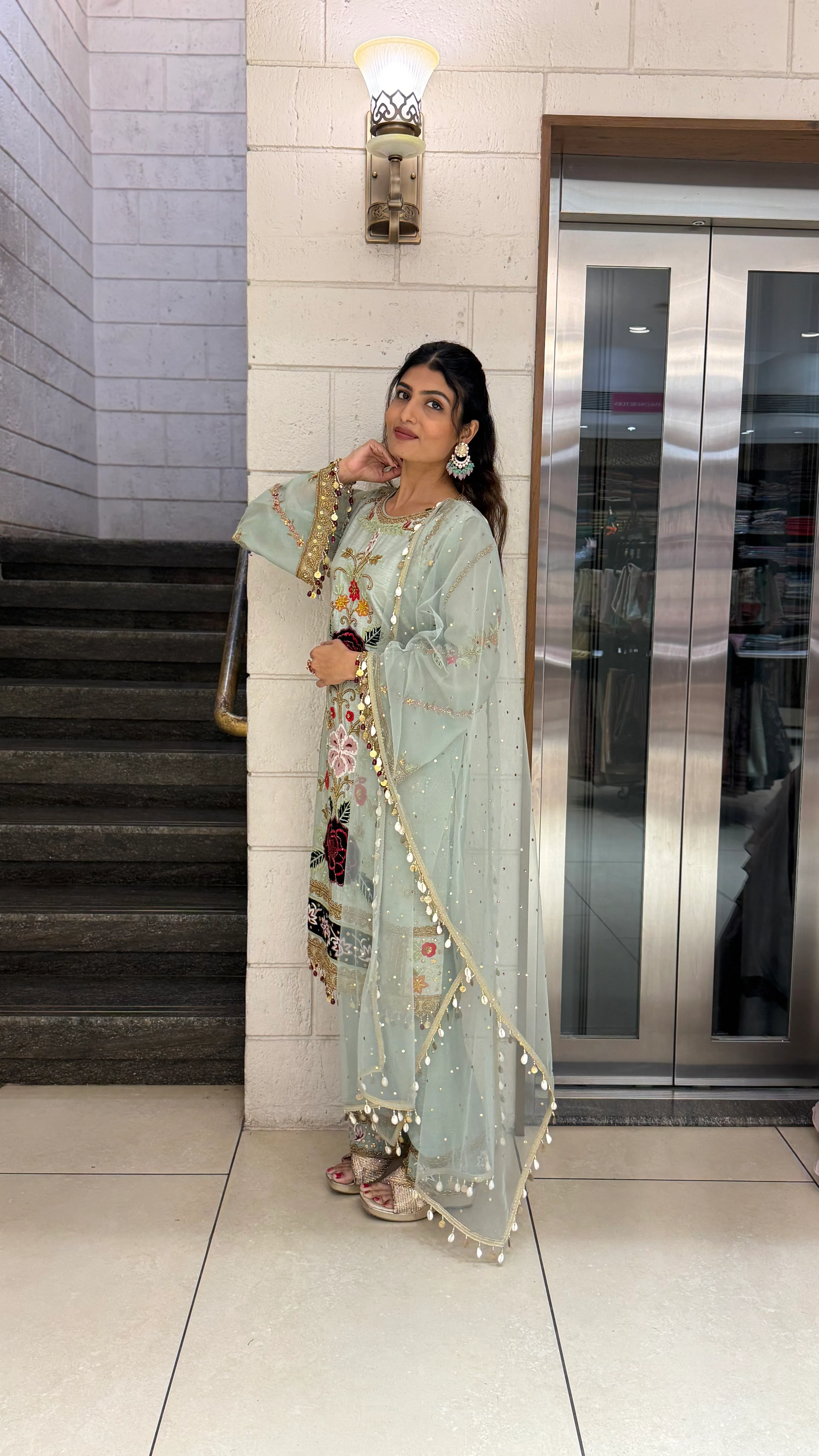 Pastel Mint Green Designer Kurta Set with Multicolor Floral Embroidery & Tassel Dupatta - Image 4