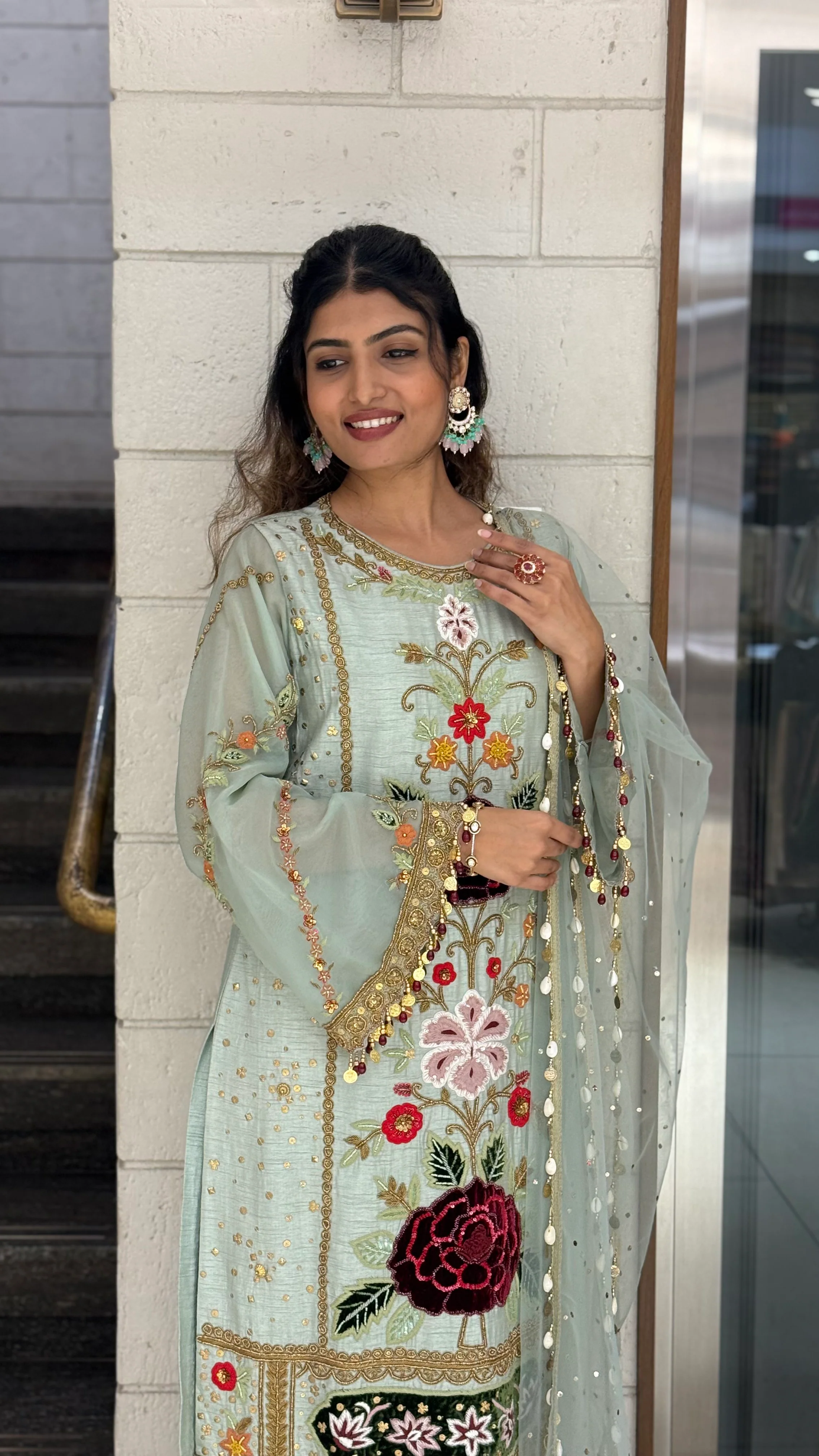 Pastel Mint Green Designer Kurta Set with Multicolor Floral Embroidery & Tassel Dupatta - Image 5