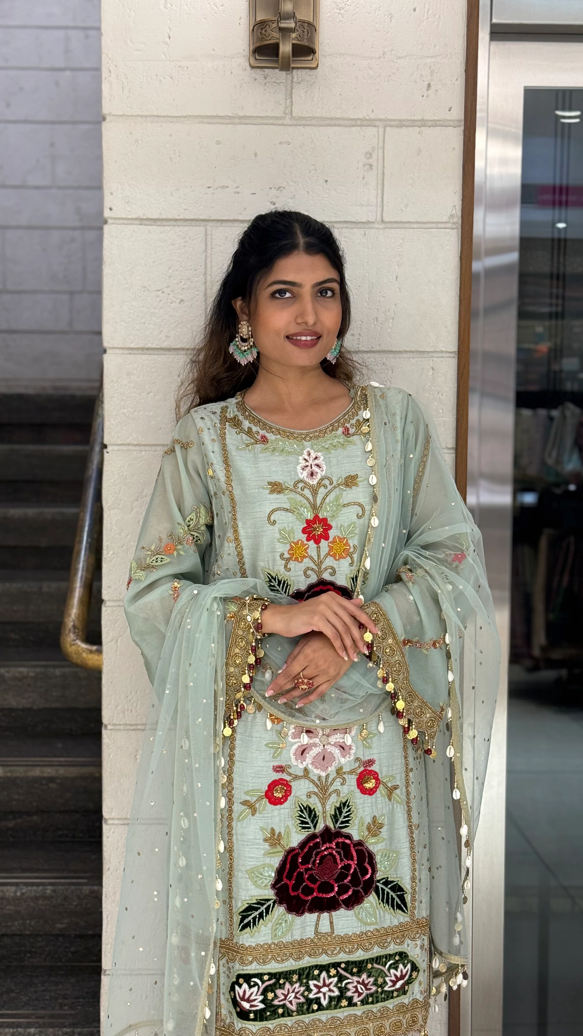 Pastel Mint Green Designer Kurta Set with Multicolor Floral Embroidery & Tassel Dupatta - Image 6