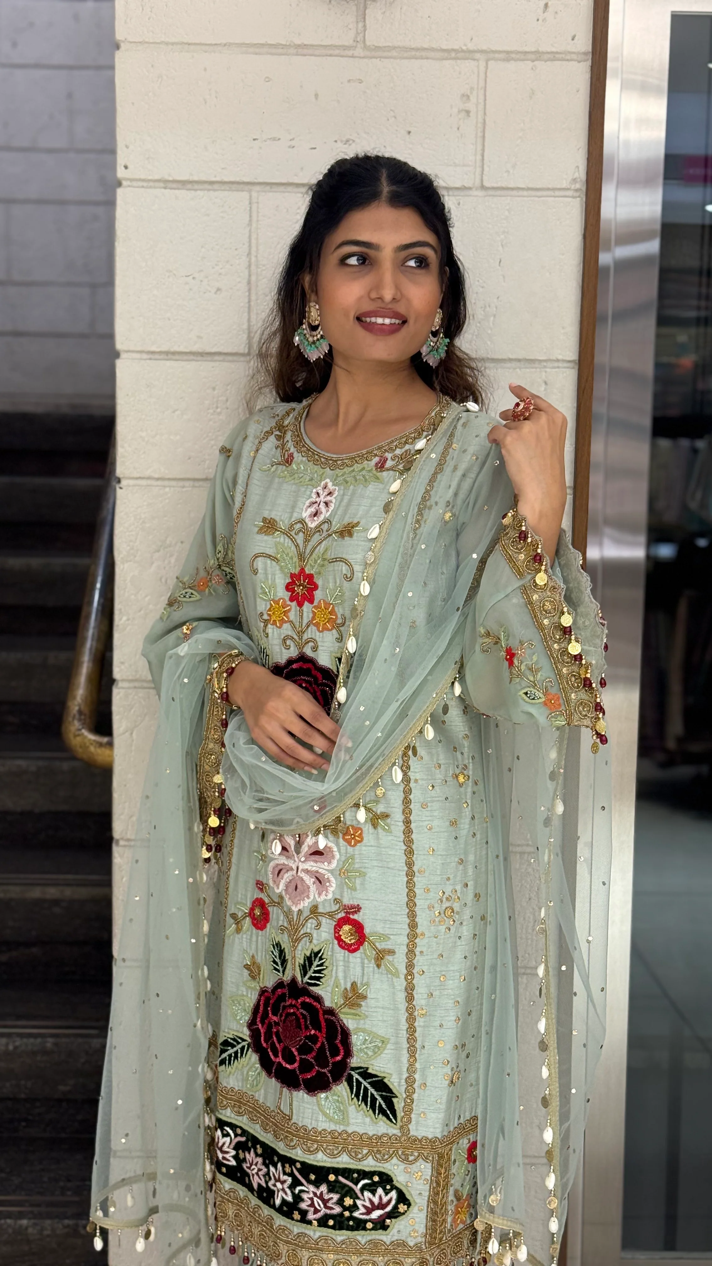 Pastel Mint Green Designer Kurta Set with Multicolor Floral Embroidery & Tassel Dupatta - Image 7