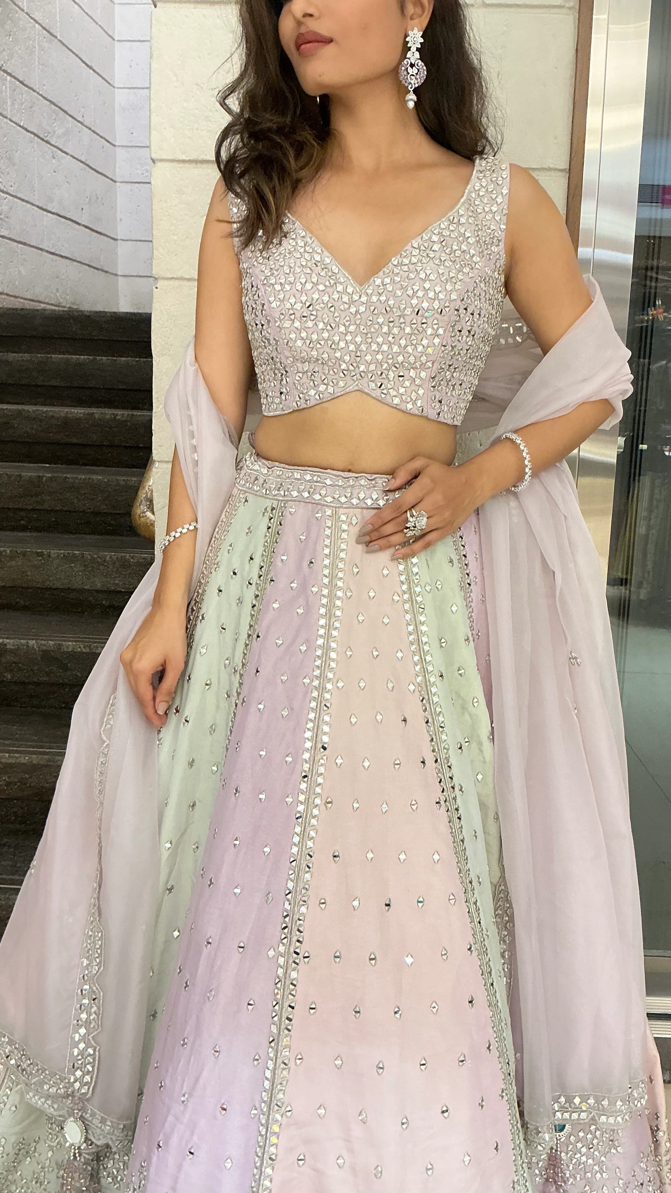 Pastel Multicolor Mirror Work Designer Lehenga Set with Net Dupatta - Image 2