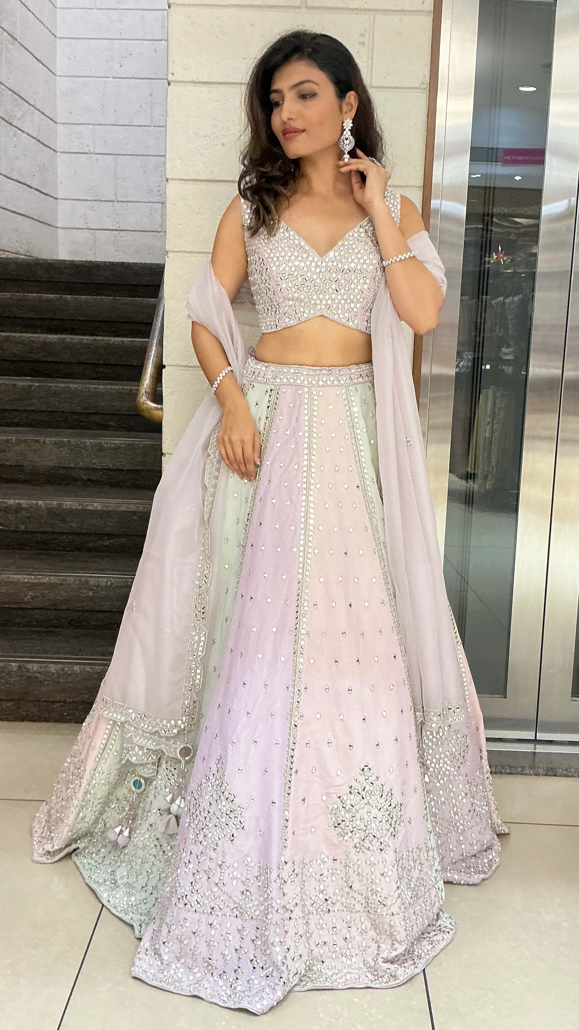 Pastel Multicolor Mirror Work Designer Lehenga Set with Net Dupatta - Image 3