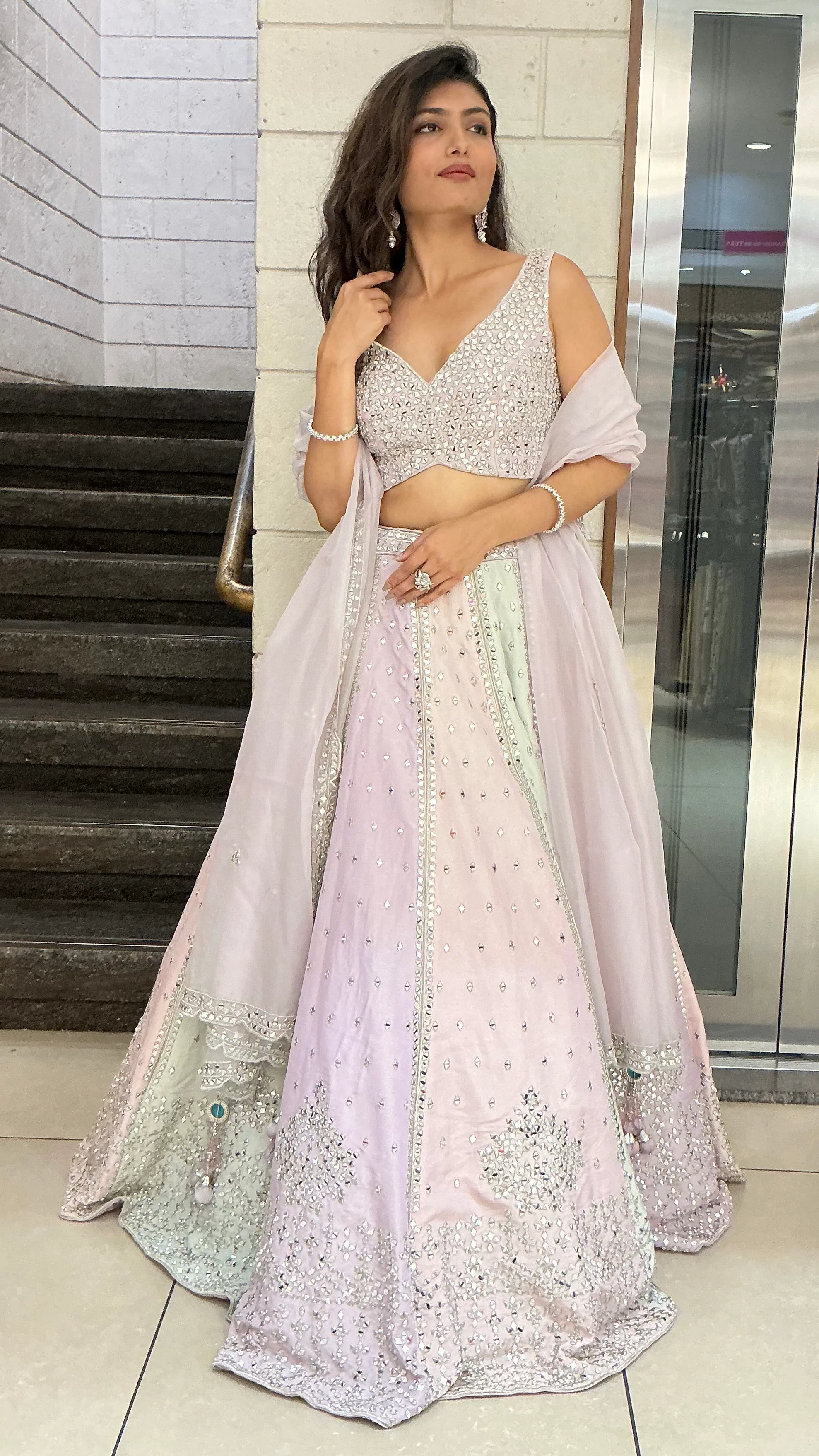 Pastel Multicolor Mirror Work Designer Lehenga Set with Net Dupatta - Image 4