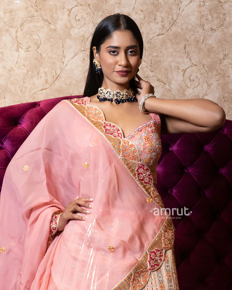 Pastel Peach Peacock Motif Embroidered Designer Lehenga Set - Image 2