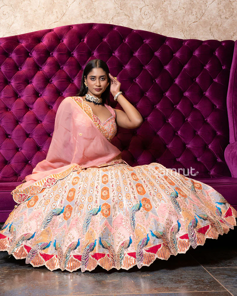 Pastel Peach Peacock Motif Embroidered Designer Lehenga Set - Image 4