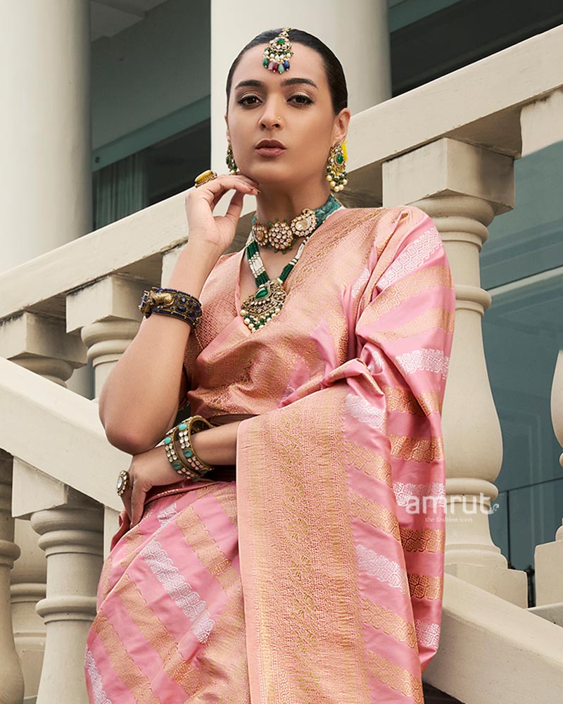 Pastel Pink Banarasi Silk Saree with Zari Weaving and Unstitched Blouse - Image 2