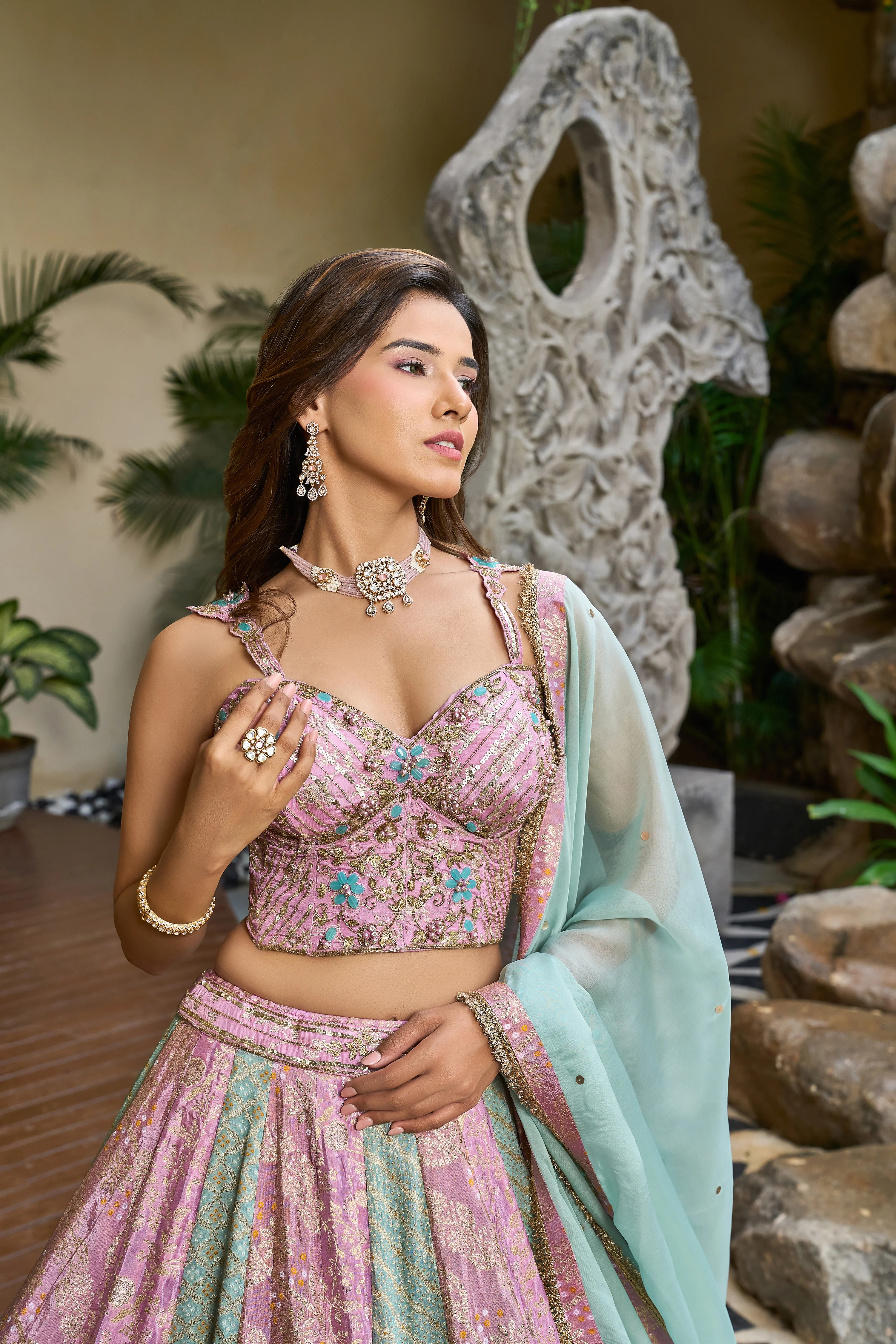 Pastel Pink Designer Lehenga Set with Mint Panels & Embellished Blouse - Image 2