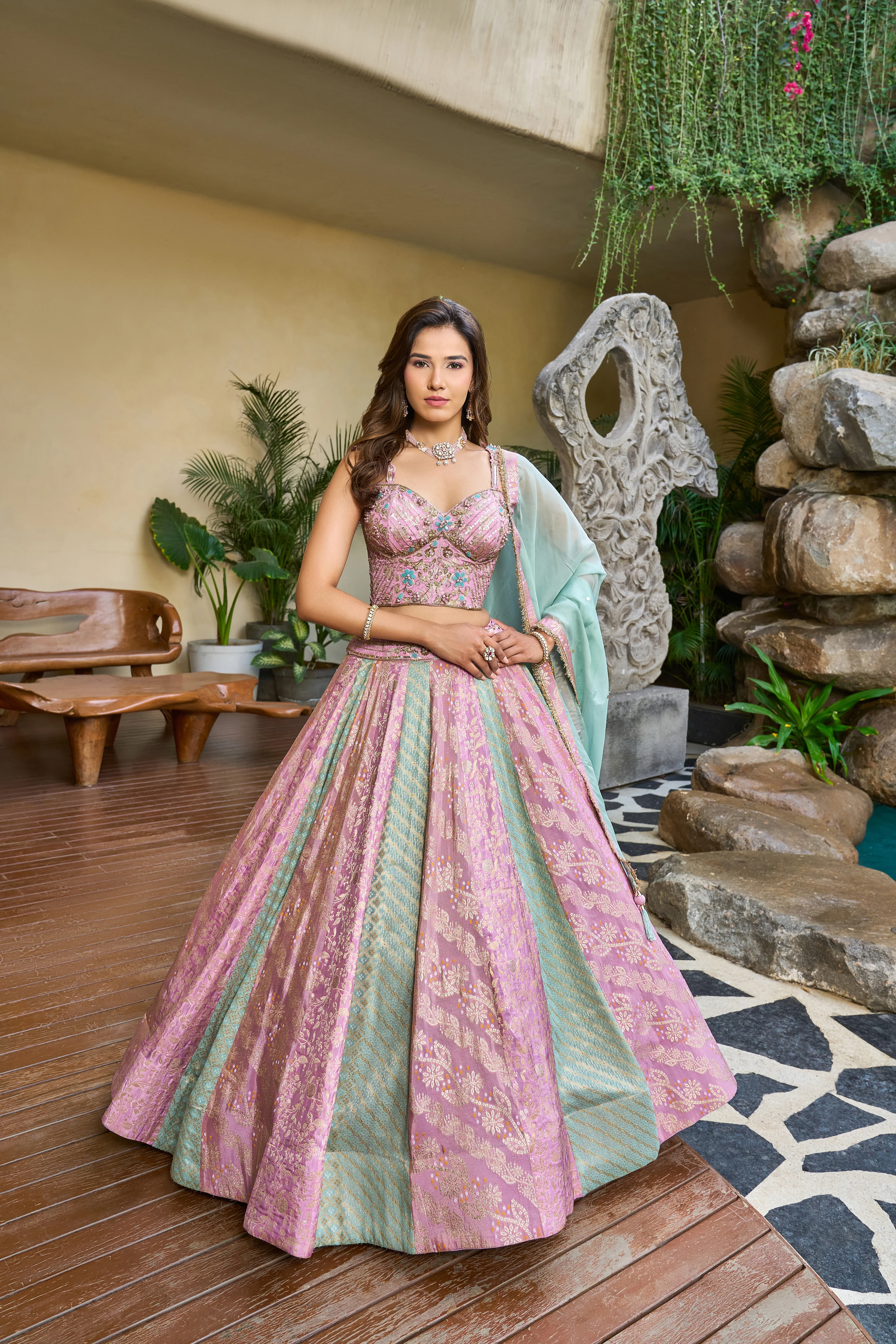 Pastel Pink Designer Lehenga Set with Mint Panels & Embellished Blouse - Image 3