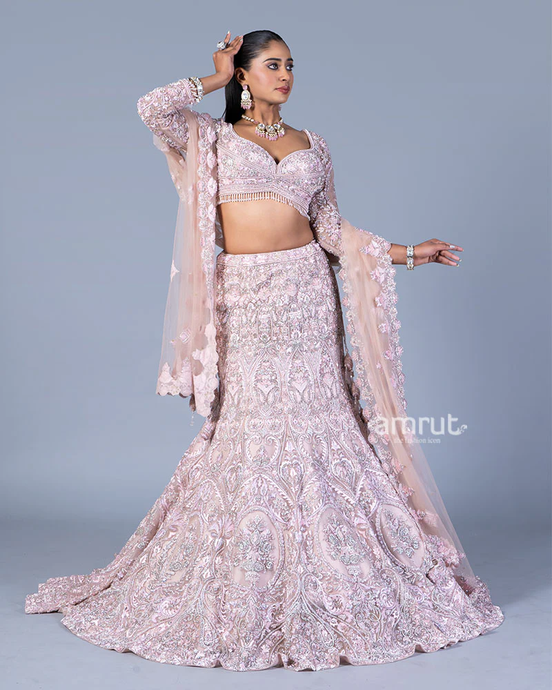 Pastel Pink Embellished Mermaid Lehenga Choli with Dupatta - Image 4