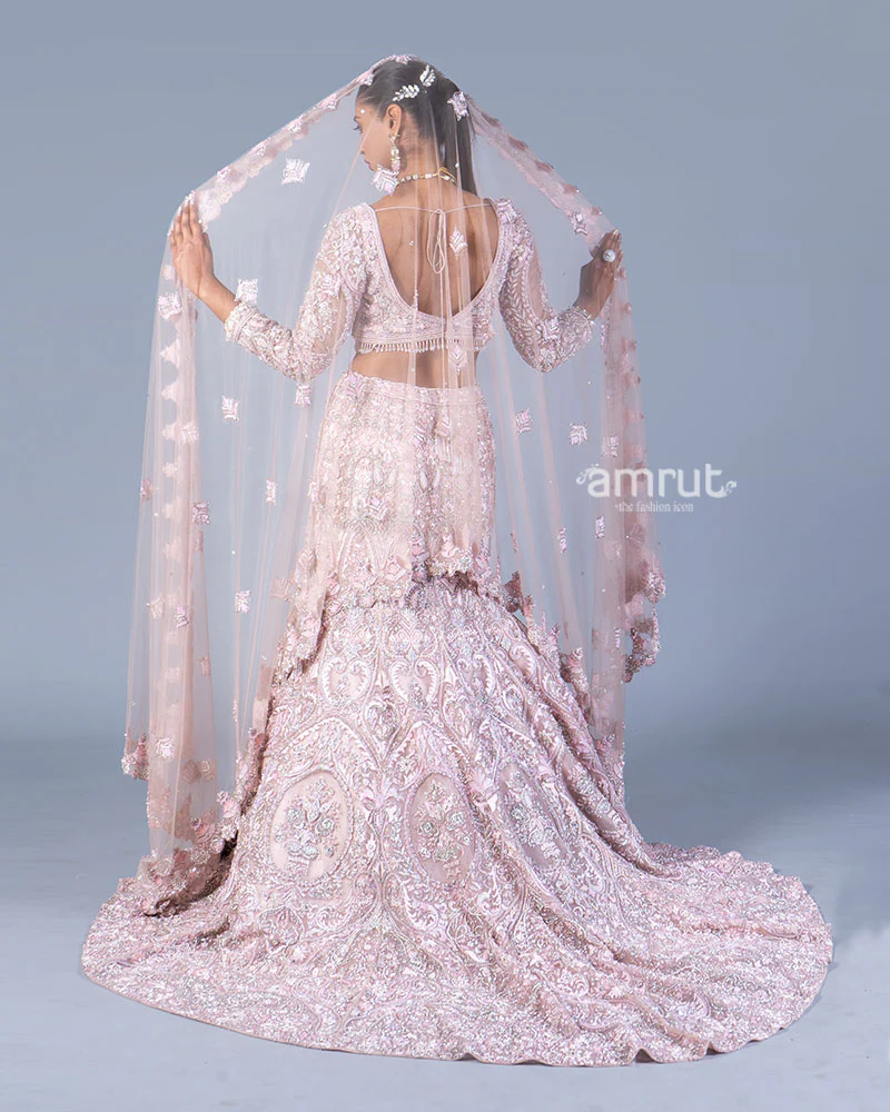 Pastel Pink Embellished Mermaid Lehenga Choli with Dupatta - Image 5
