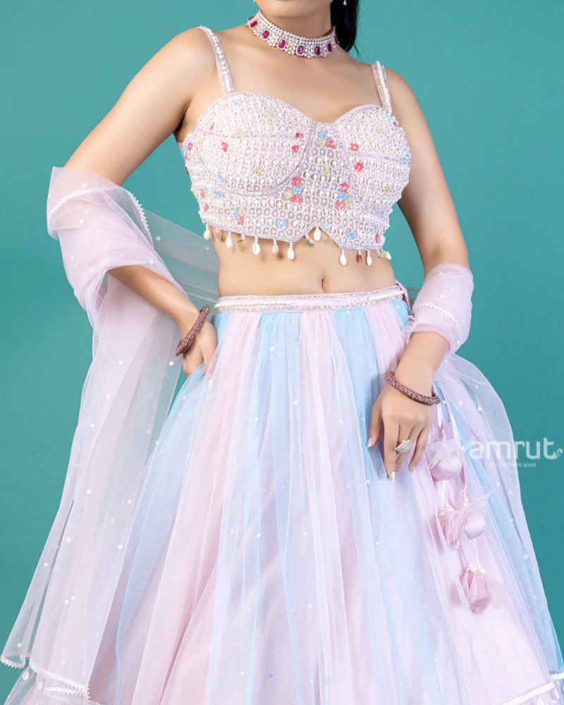 Pastel Pink Floral Embroidery Embellished Lehenga Choli with Translucent Net Dupatta - Image 3