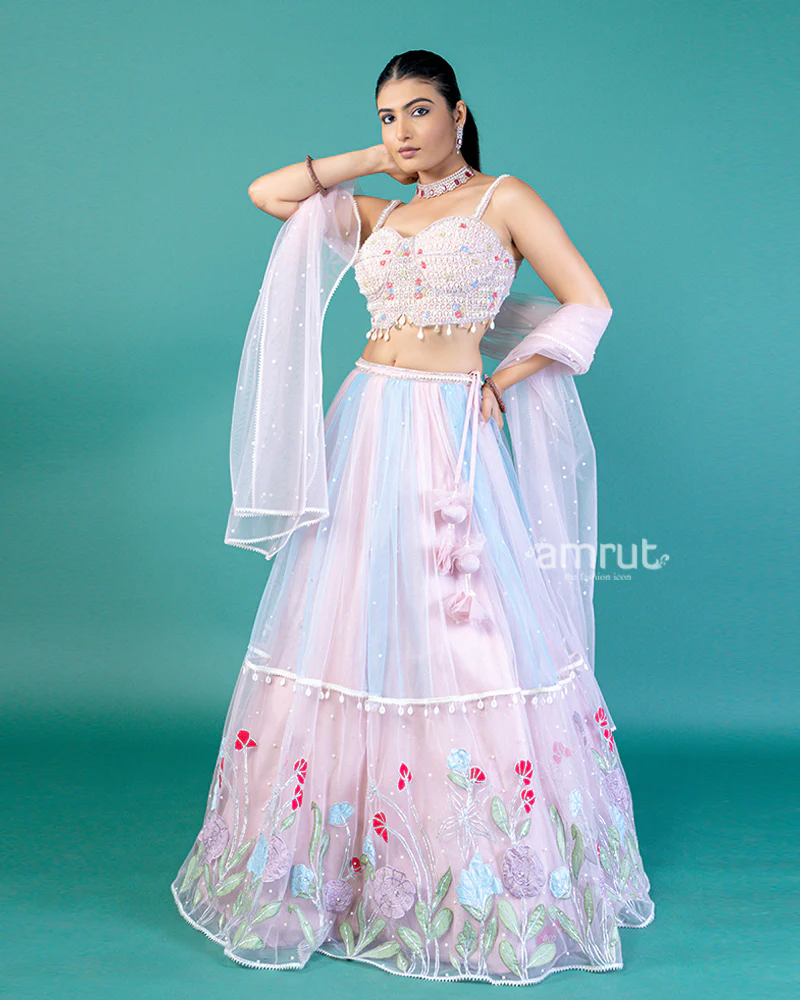 Pastel Pink Floral Embroidery Embellished Lehenga Choli with Translucent Net Dupatta - Image 4