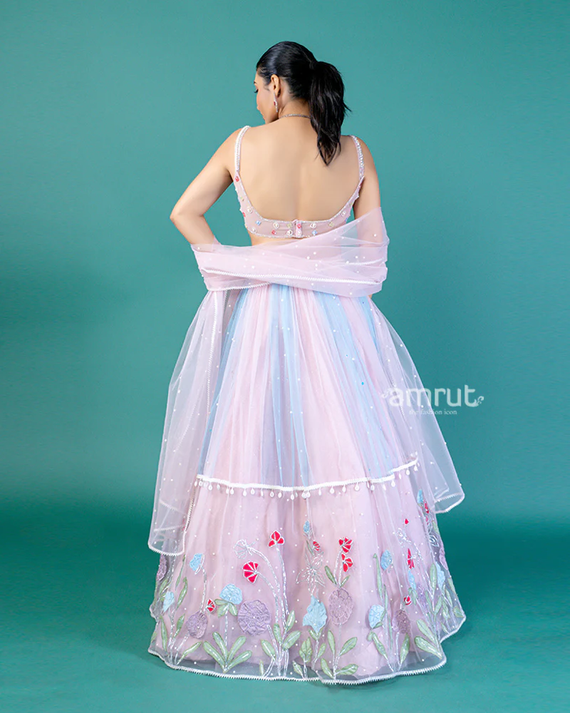 Pastel Pink Floral Embroidery Embellished Lehenga Choli with Translucent Net Dupatta - Image 5