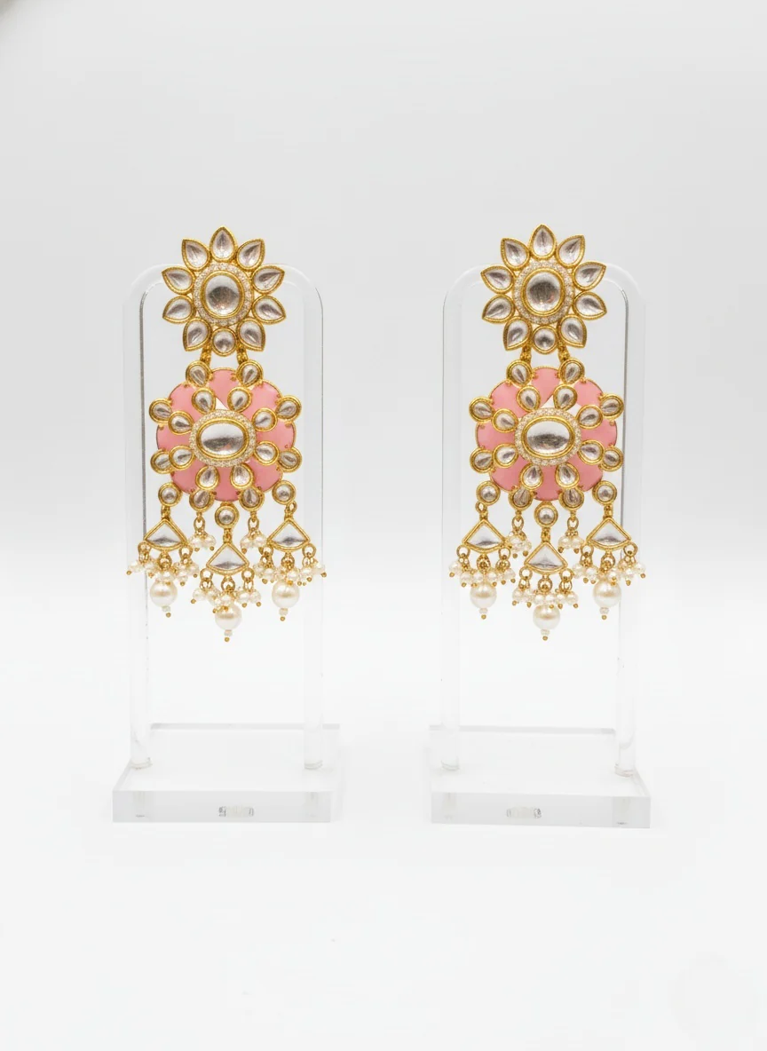 Pastel Pink & Green Heavy Kundan Bridal Choker Necklace Set with Pearl Drops - Image 2