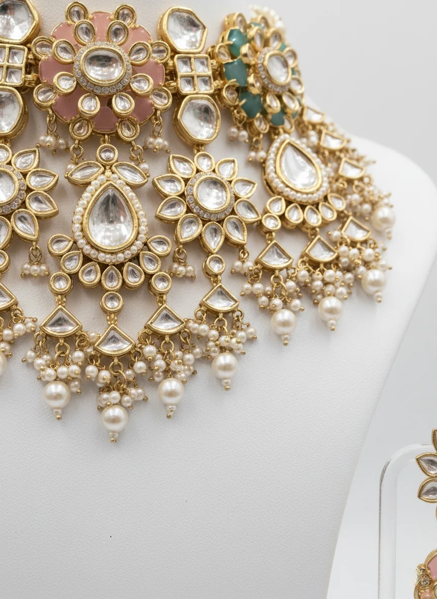 Pastel Pink & Green Heavy Kundan Bridal Choker Necklace Set with Pearl Drops - Image 3