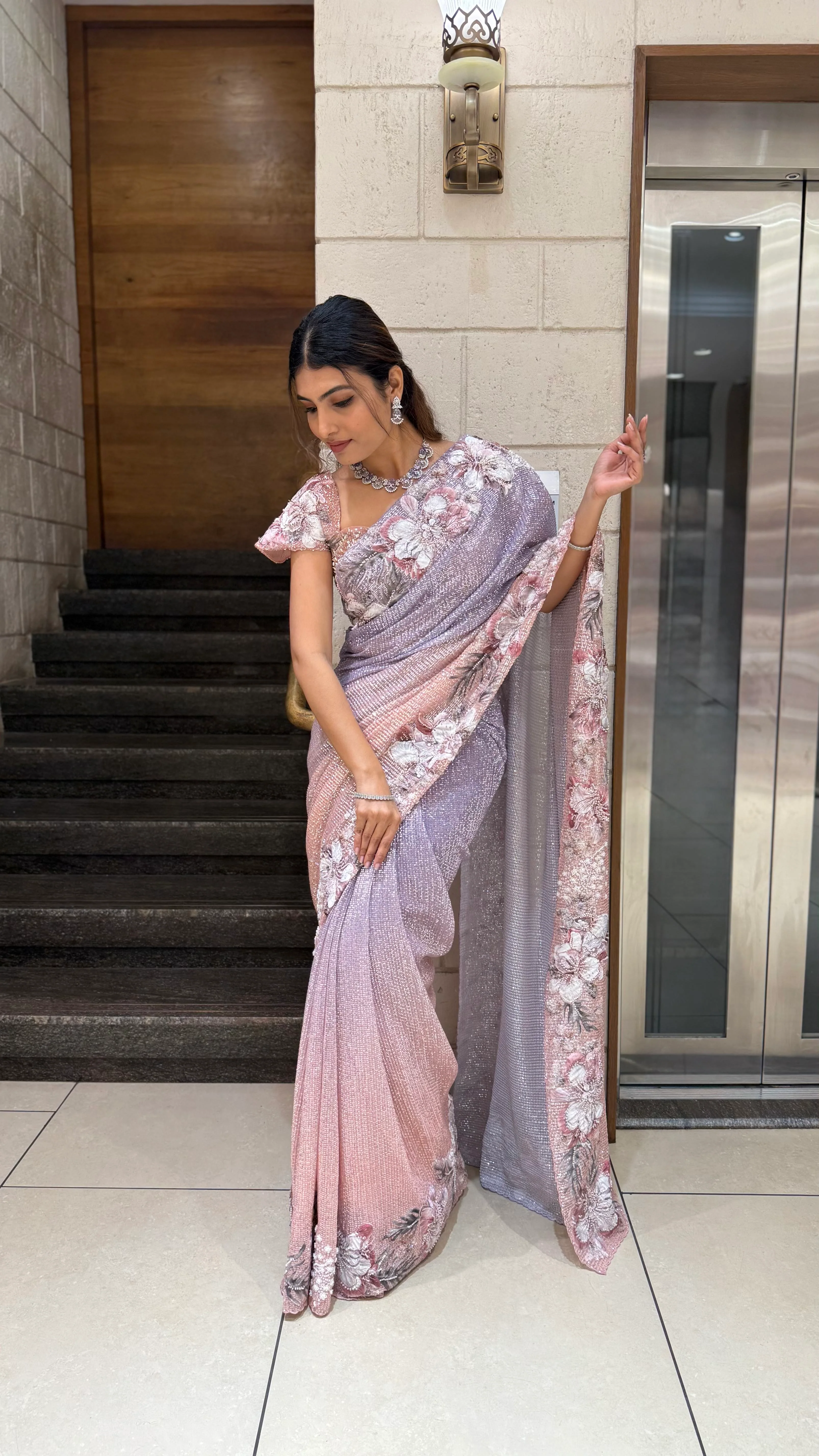 Pastel Pink & Lavender Ombre Sequin Saree with 3D Floral Embellished Blouse - Image 3