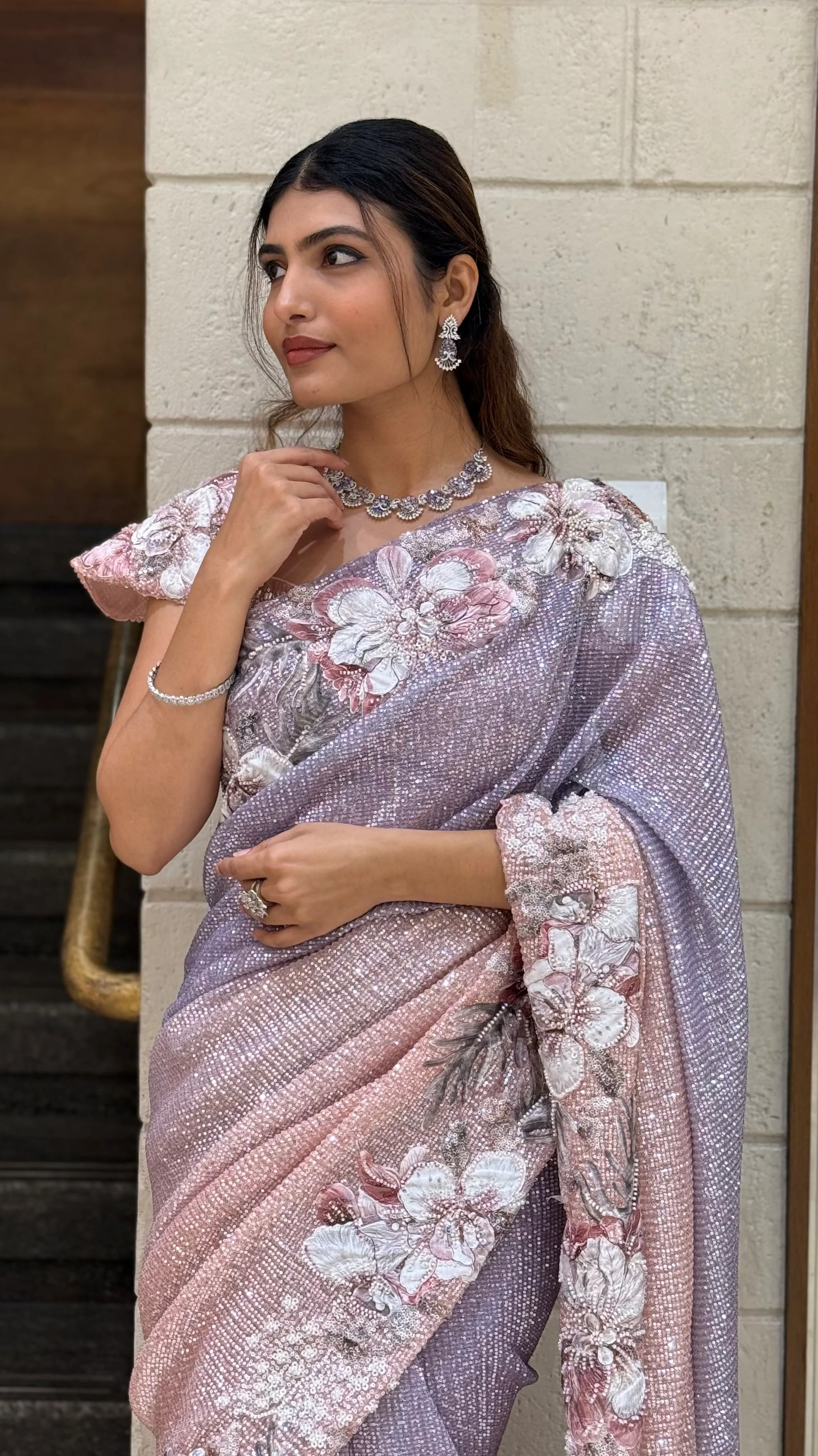 Pastel Pink & Lavender Ombre Sequin Saree with 3D Floral Embellished Blouse - Image 5