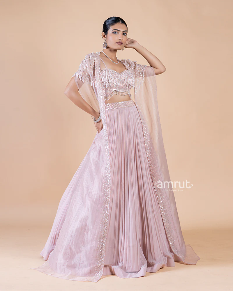 Pastel Pink Lehenga with Crop Top and sequin shrug - Image 3