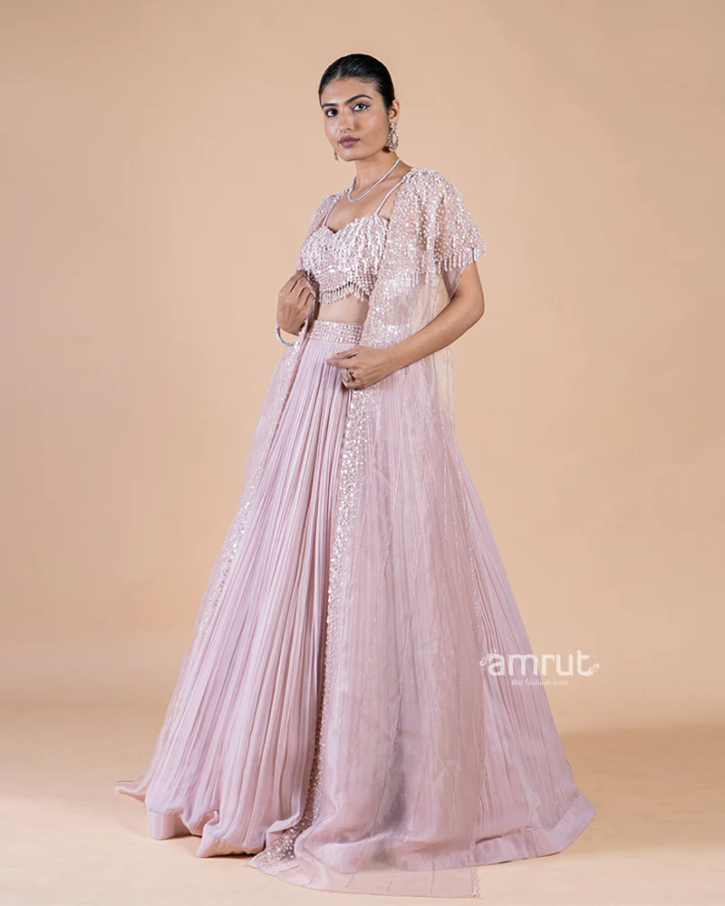Pastel Pink Lehenga with Crop Top and sequin shrug - Image 4