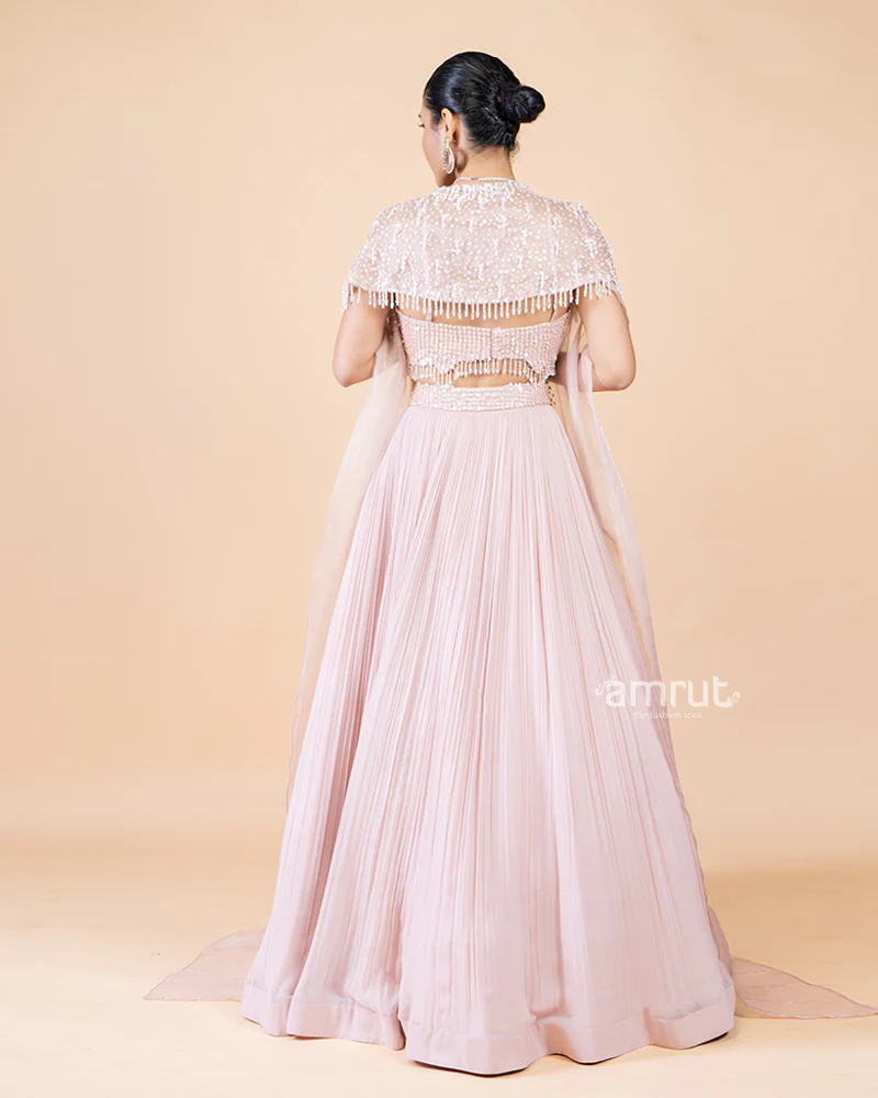 Pastel Pink Lehenga with Crop Top and sequin shrug - Image 5