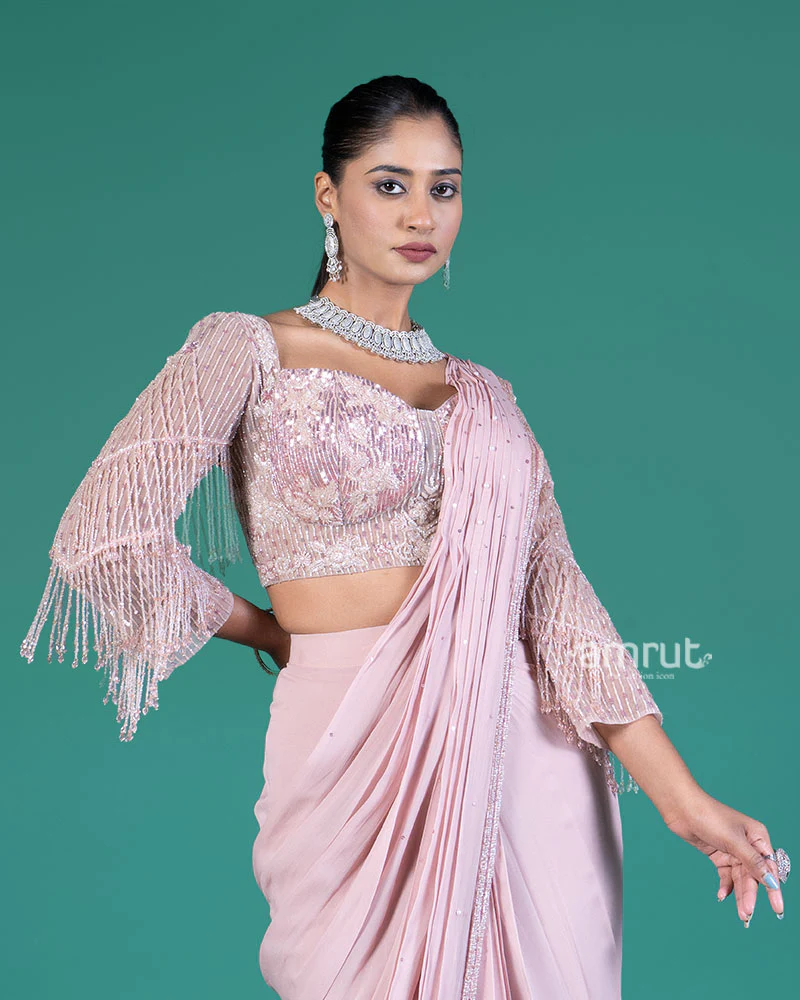 Pastel Pink Ready-to-Wear Saree with Sequined Blouse and Beaded Fringe - Image 2