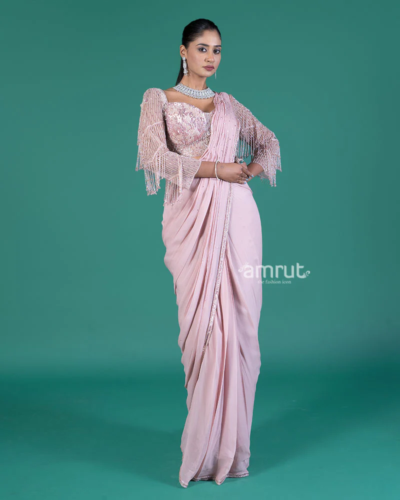 Pastel Pink Ready-to-Wear Saree with Sequined Blouse and Beaded Fringe - Image 4